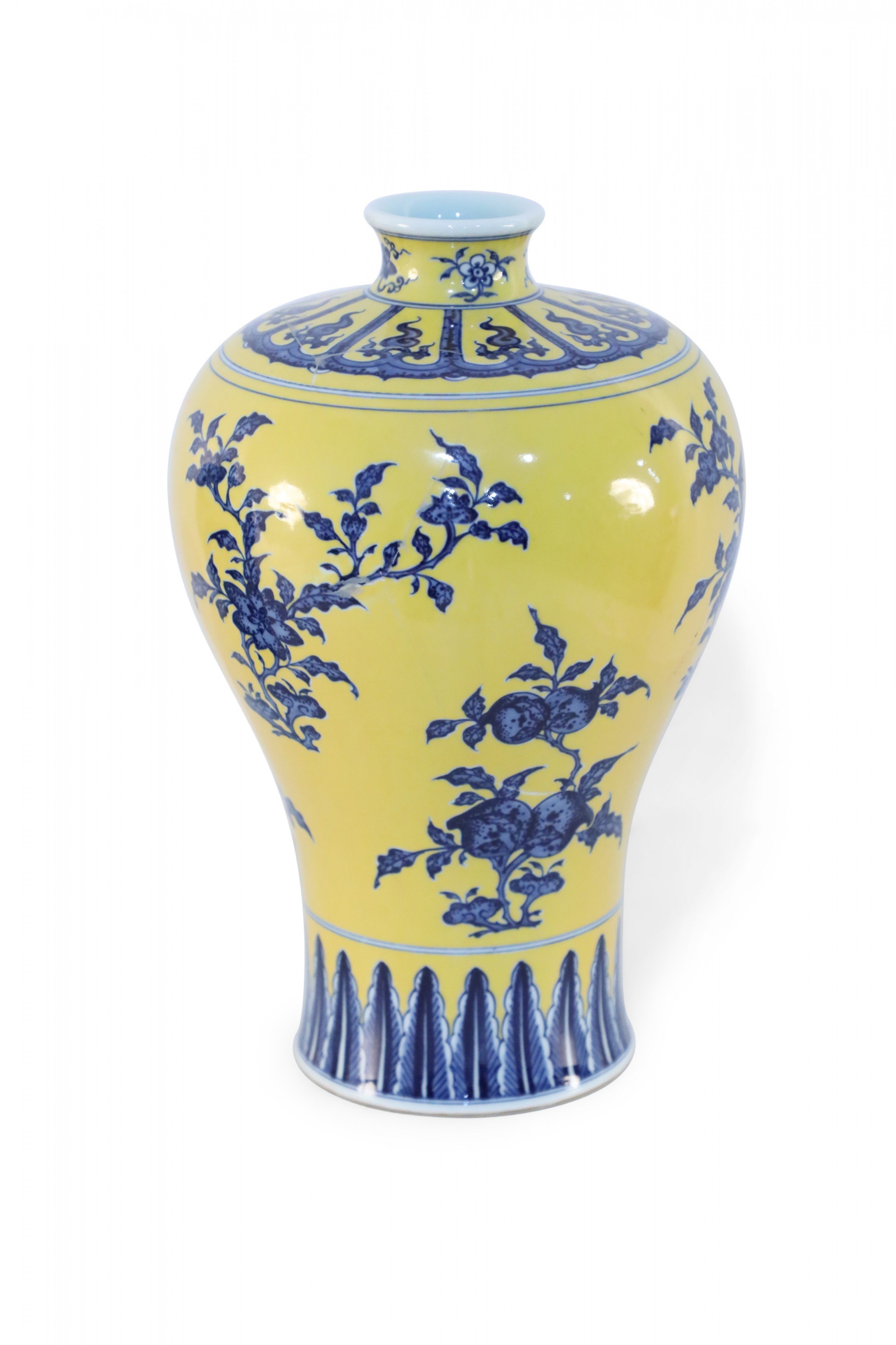 Chinese Yellow and Blue Floral Meiping Porcelain Vase