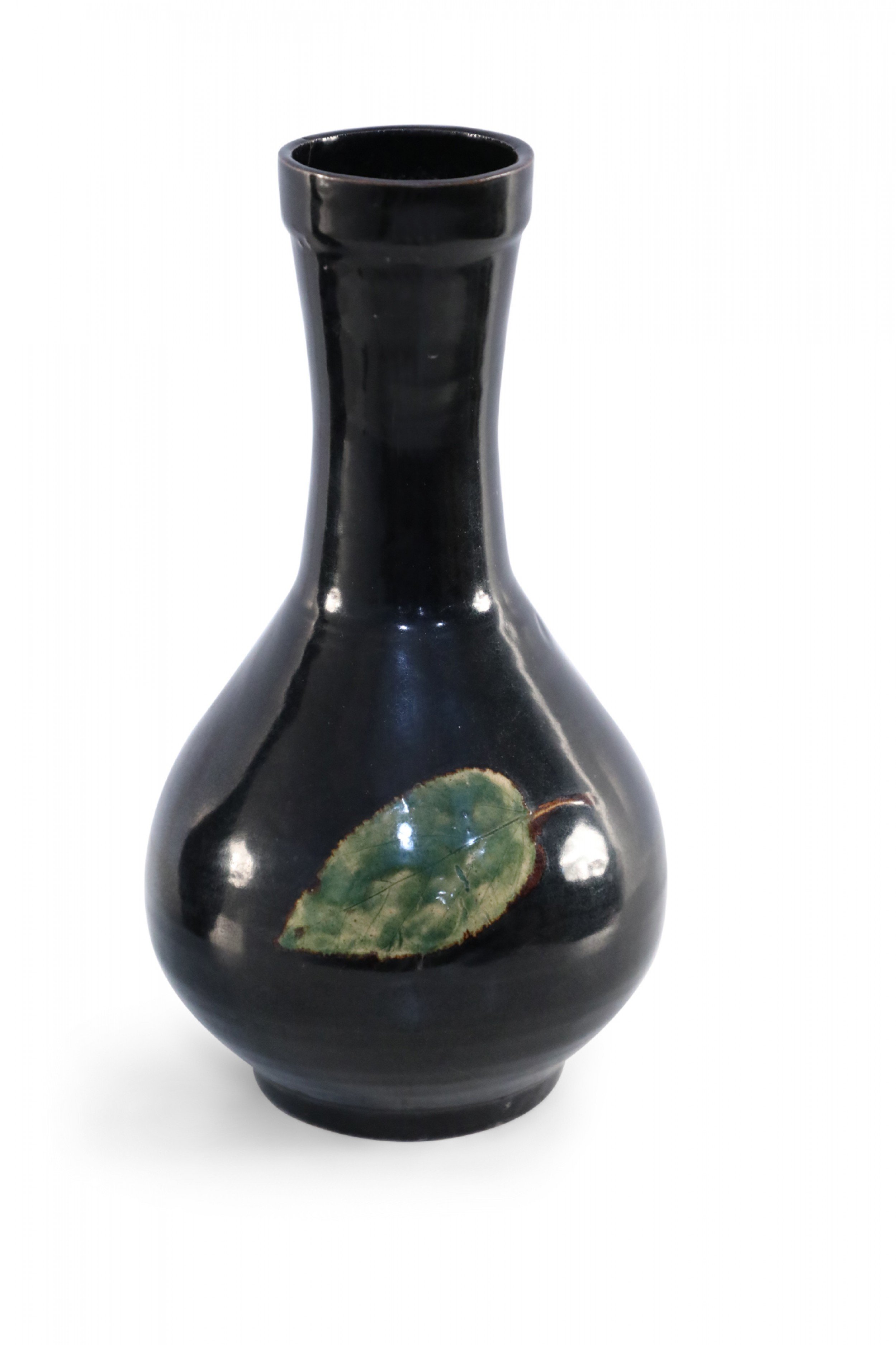 Chinese Black and Green Leaf Glazed Porcelain Globular Vase