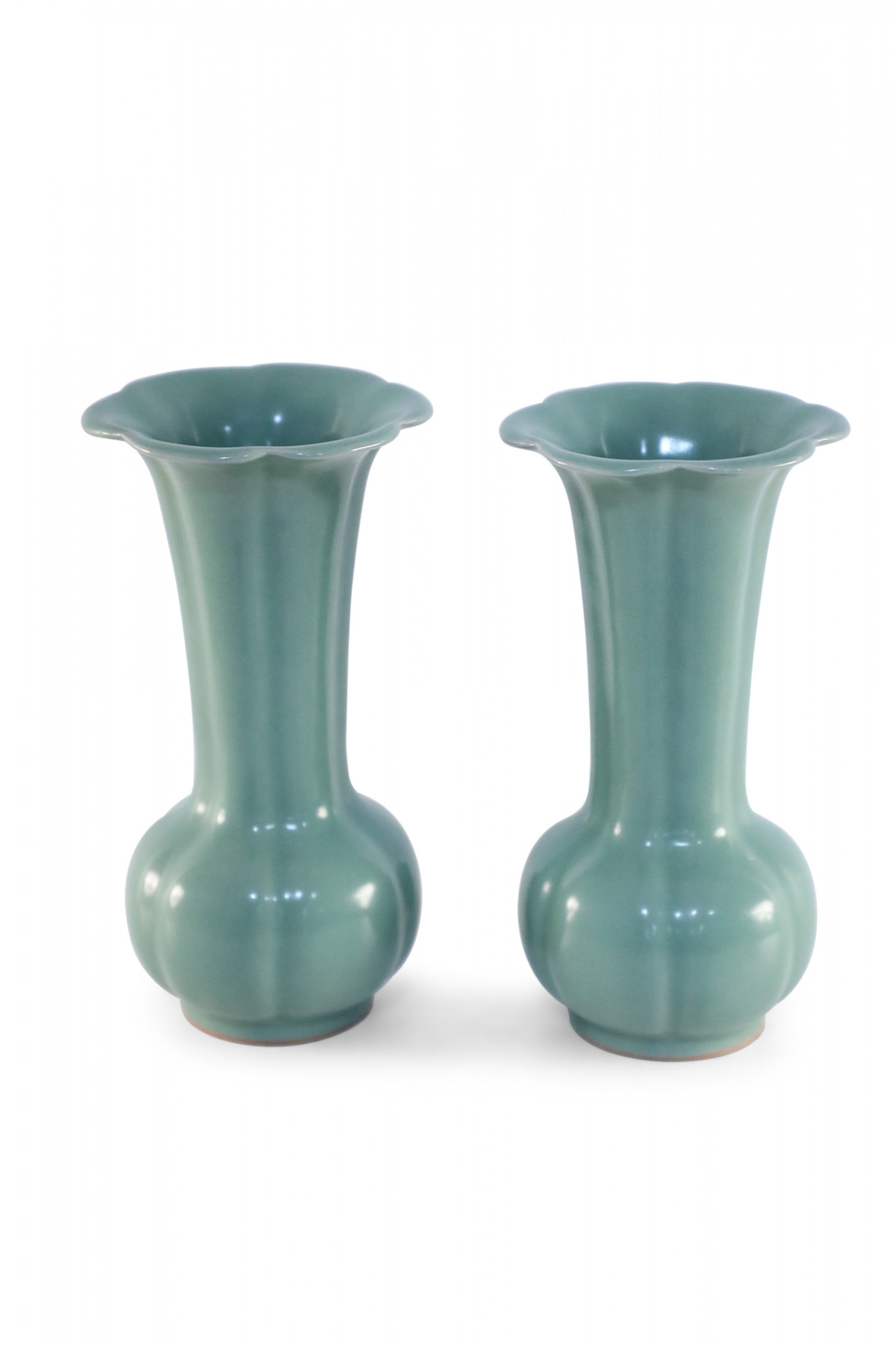 Pair of Chinese Fluted and Scalloped Celadon Porcelain Vases