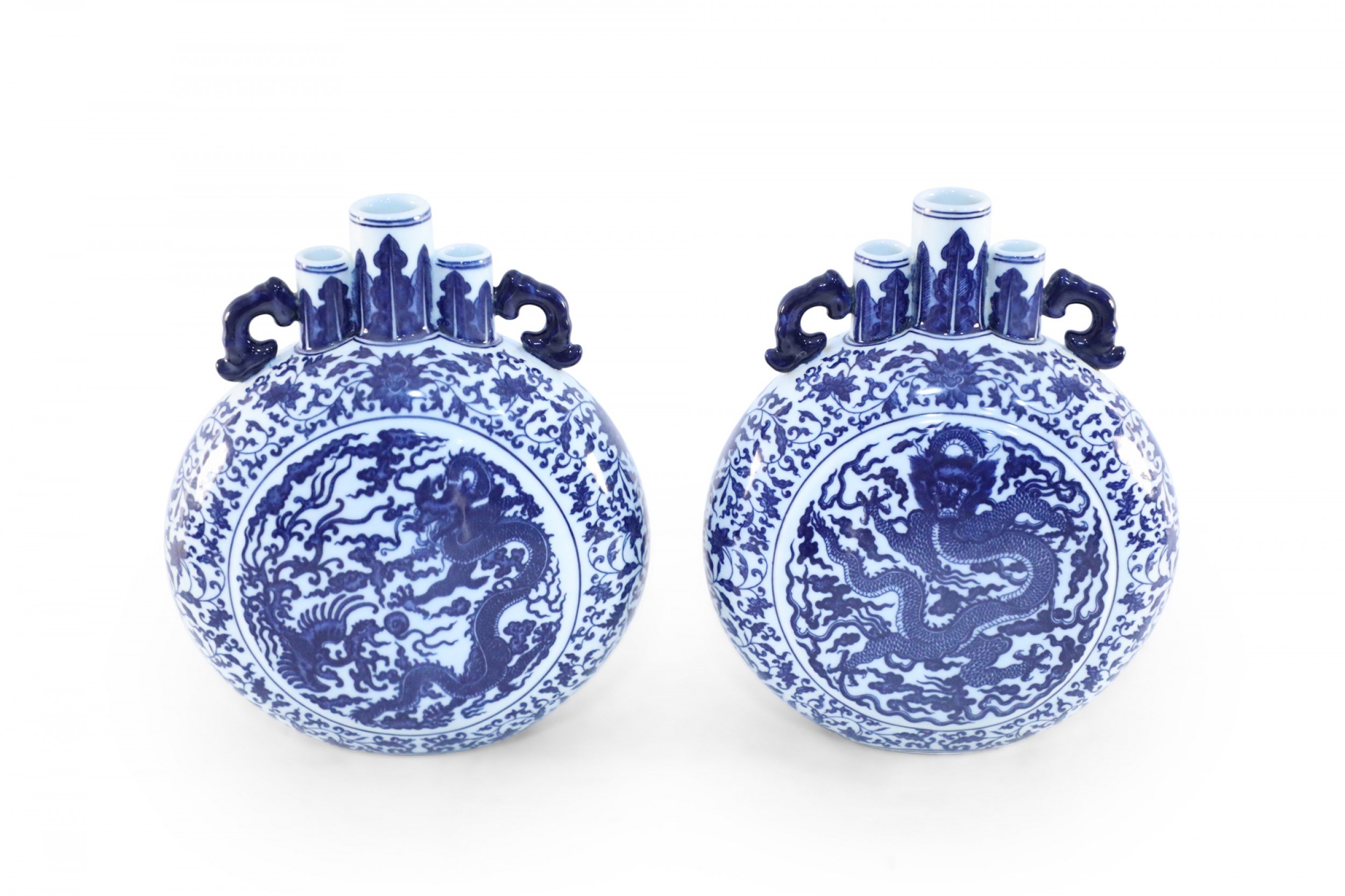 Pair of Chinese Blue and White Porcelain Moon Flask Vases