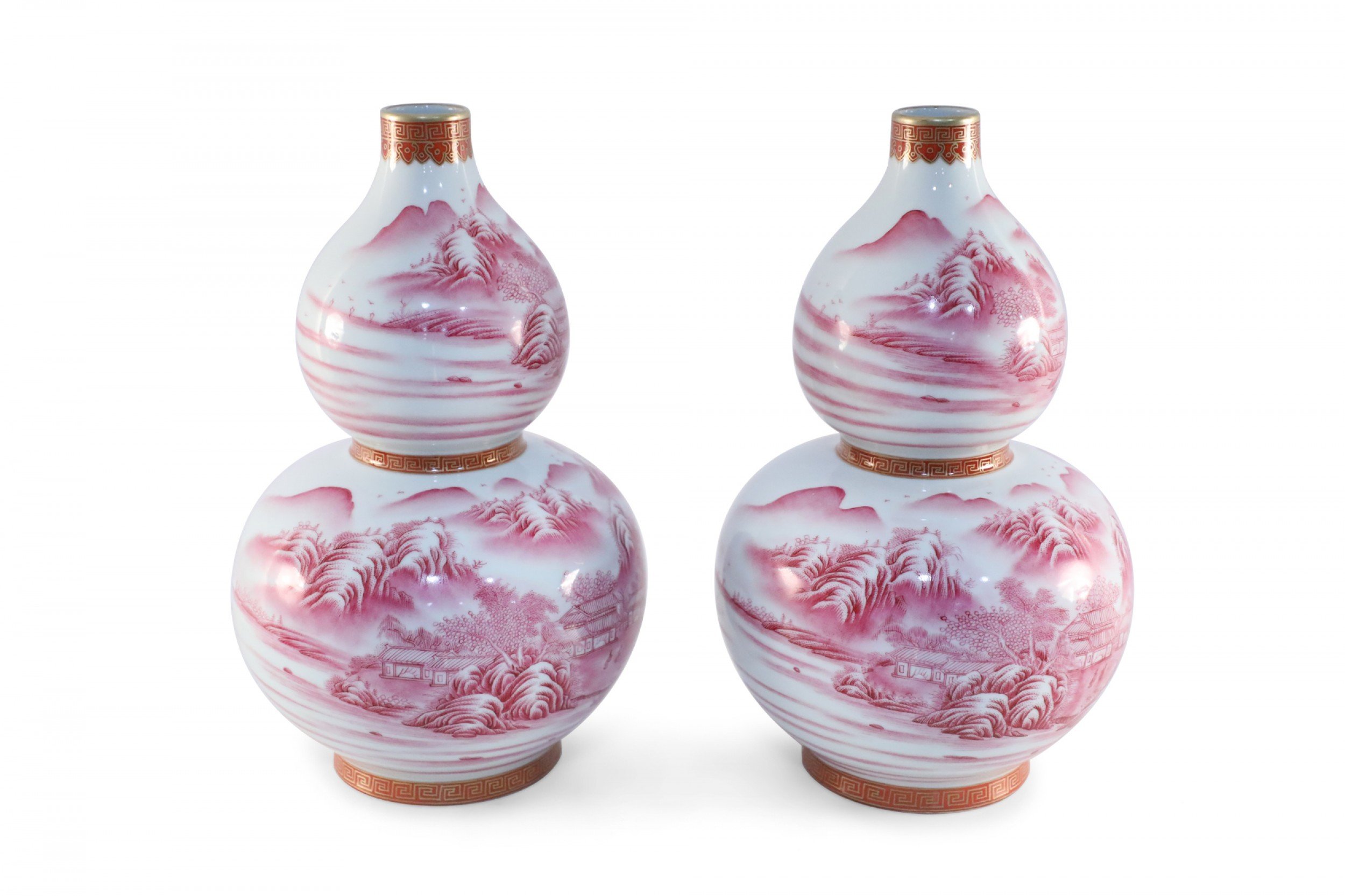 Pair of Chinese Pink and White Double Gourd Vases