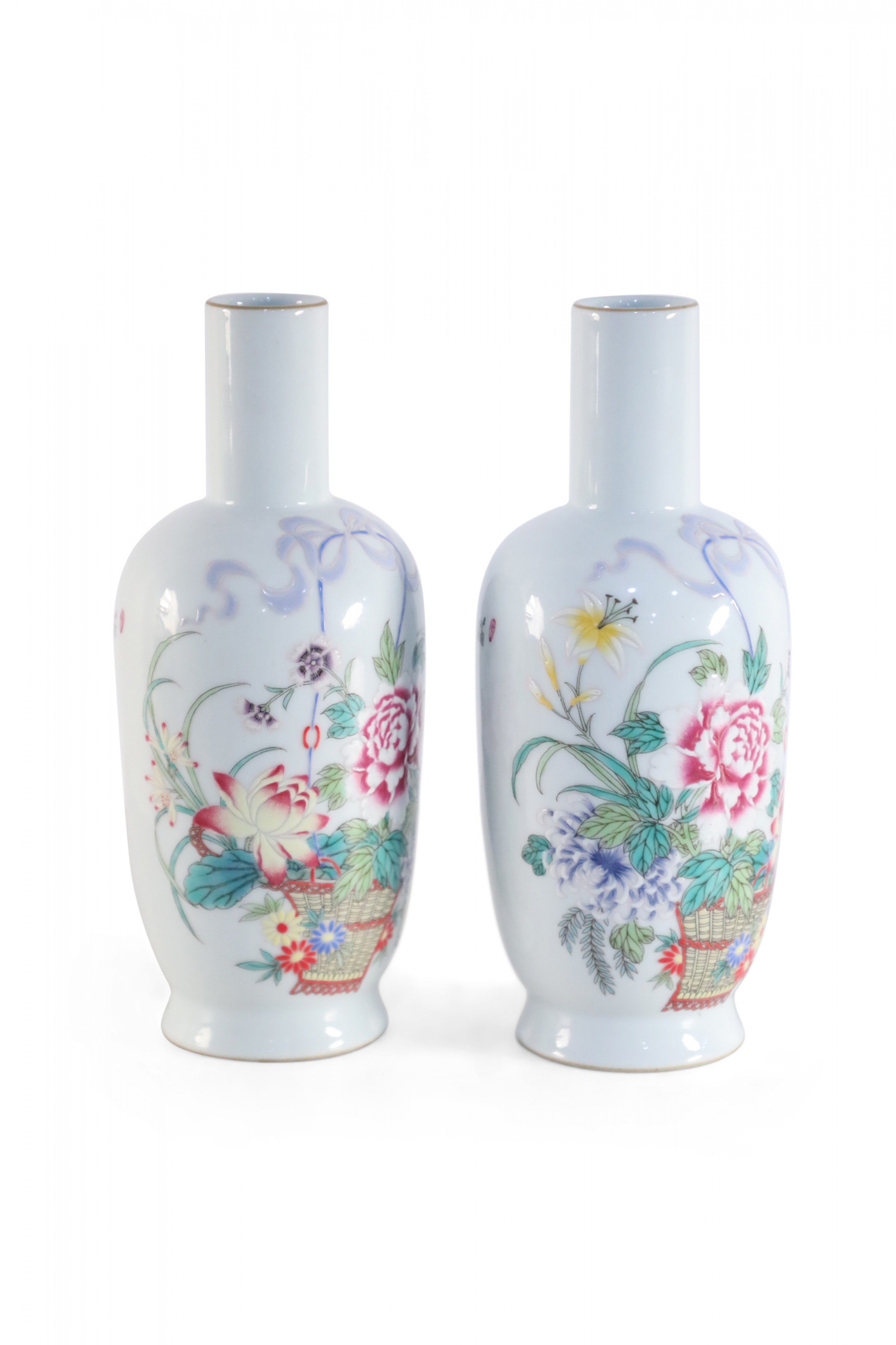 Pair of Chinese White and Floral Arrangement Mallet Vases