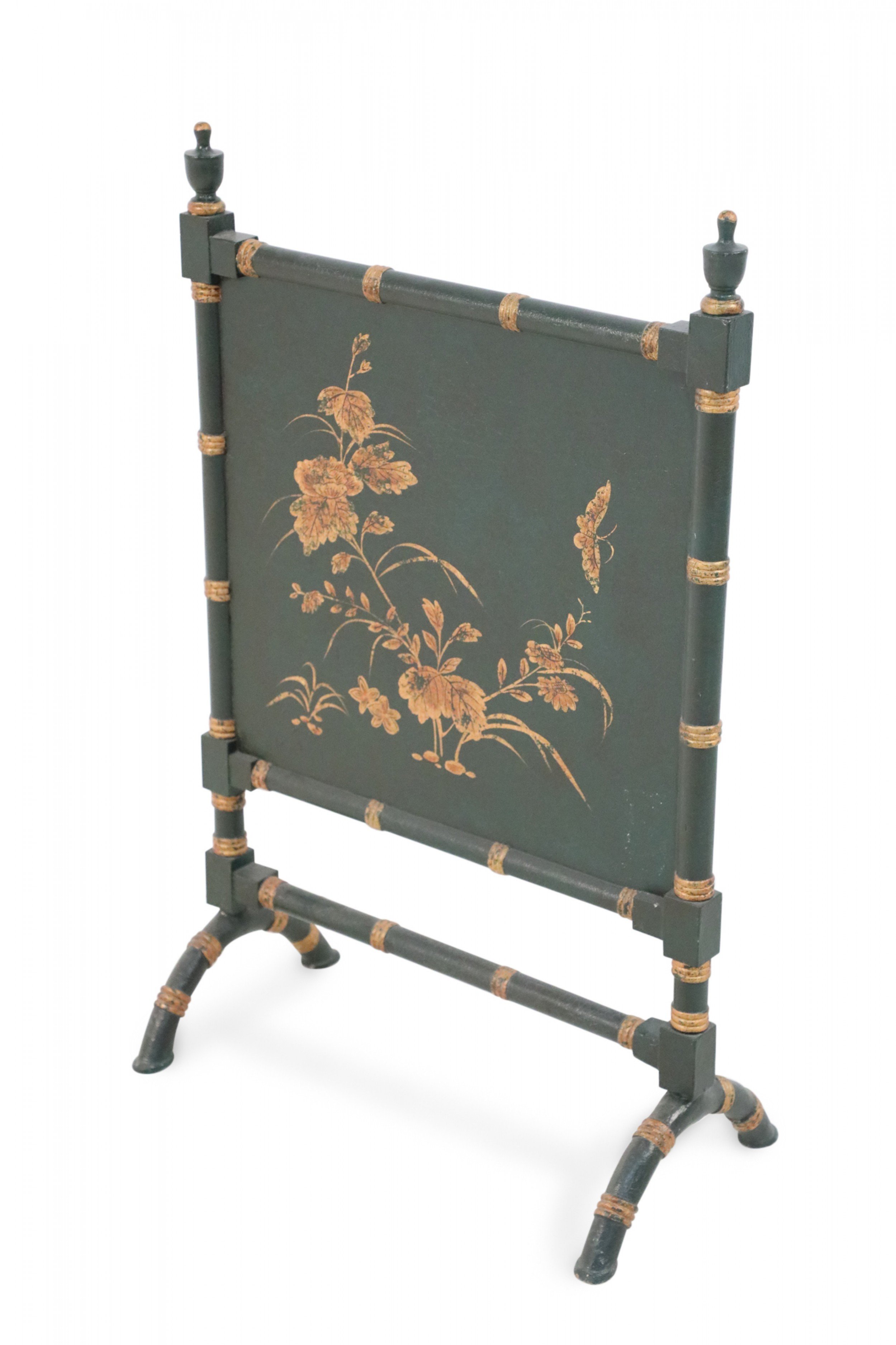 Chinese Green Painted Faux Bamboo and Gold Design Fireplace Screen