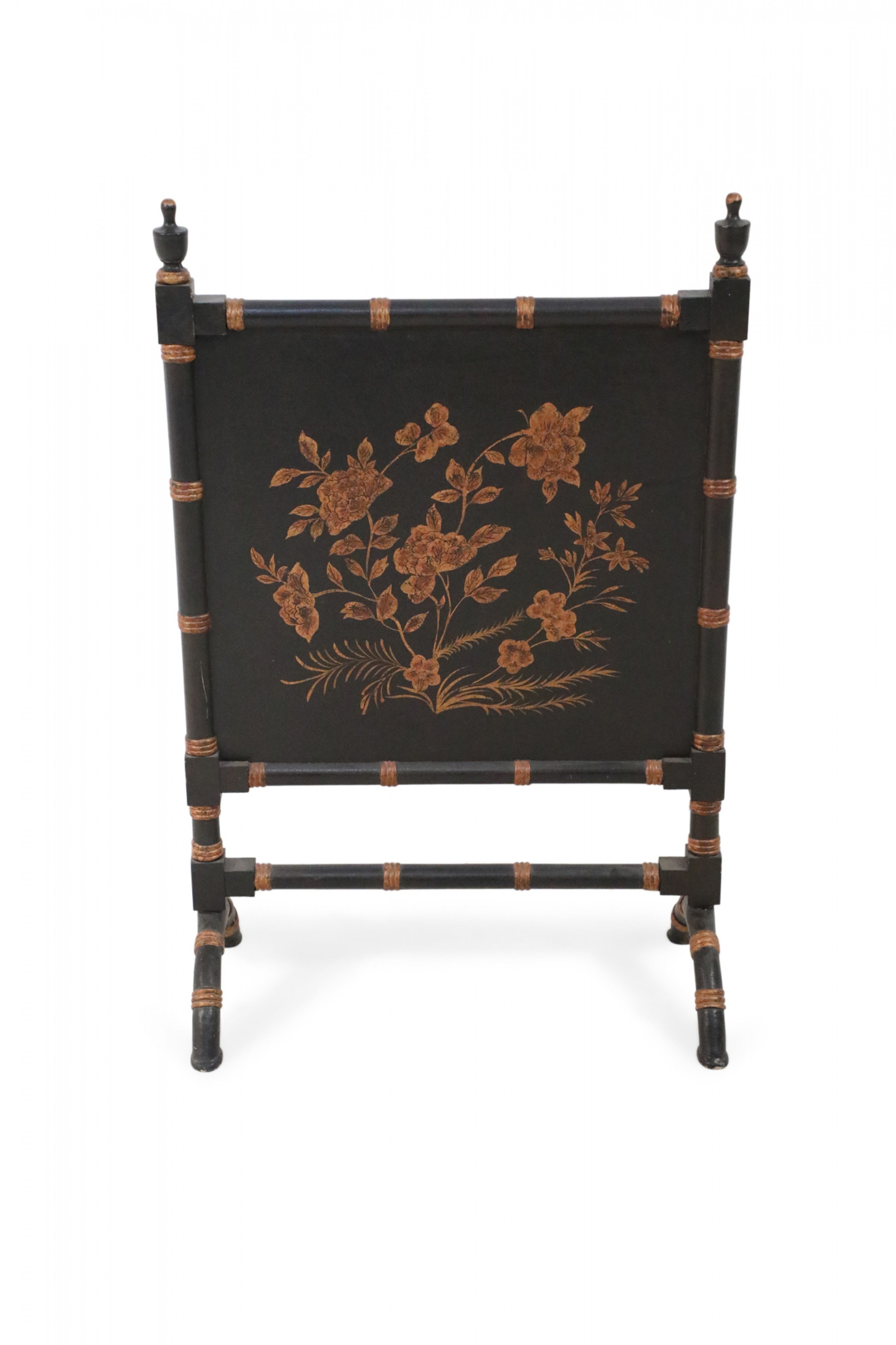 Chinese Black Painted Faux Bamboo and Gold Florals Fireplace Screen