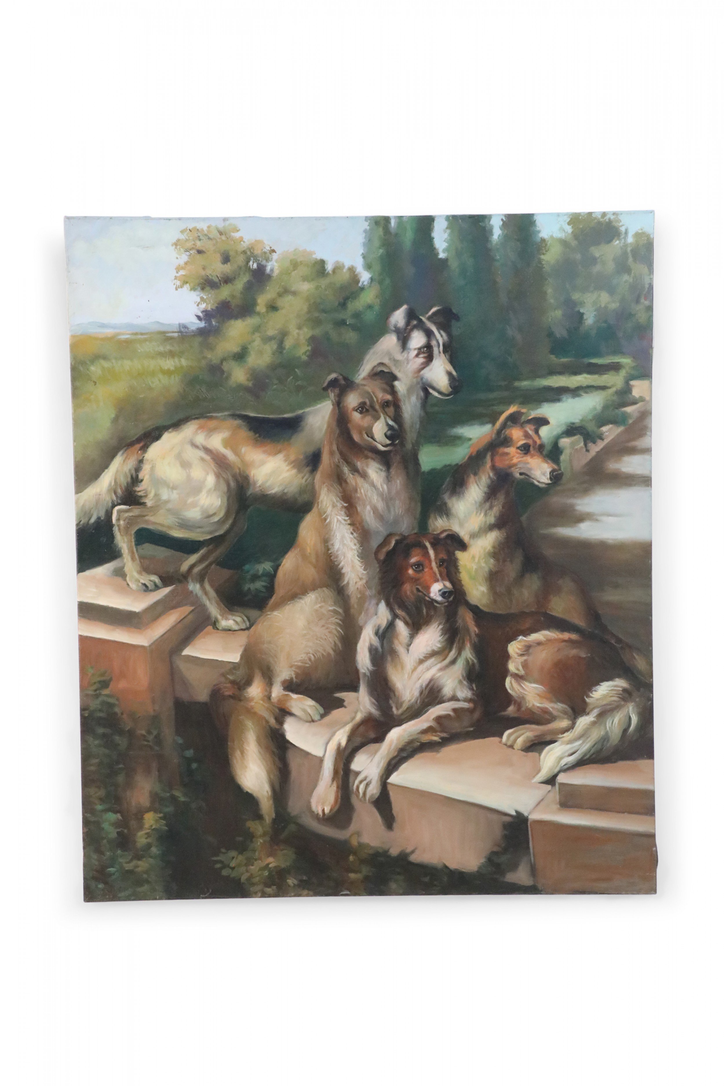 Dogs Gathered on Steps Portrait Painting