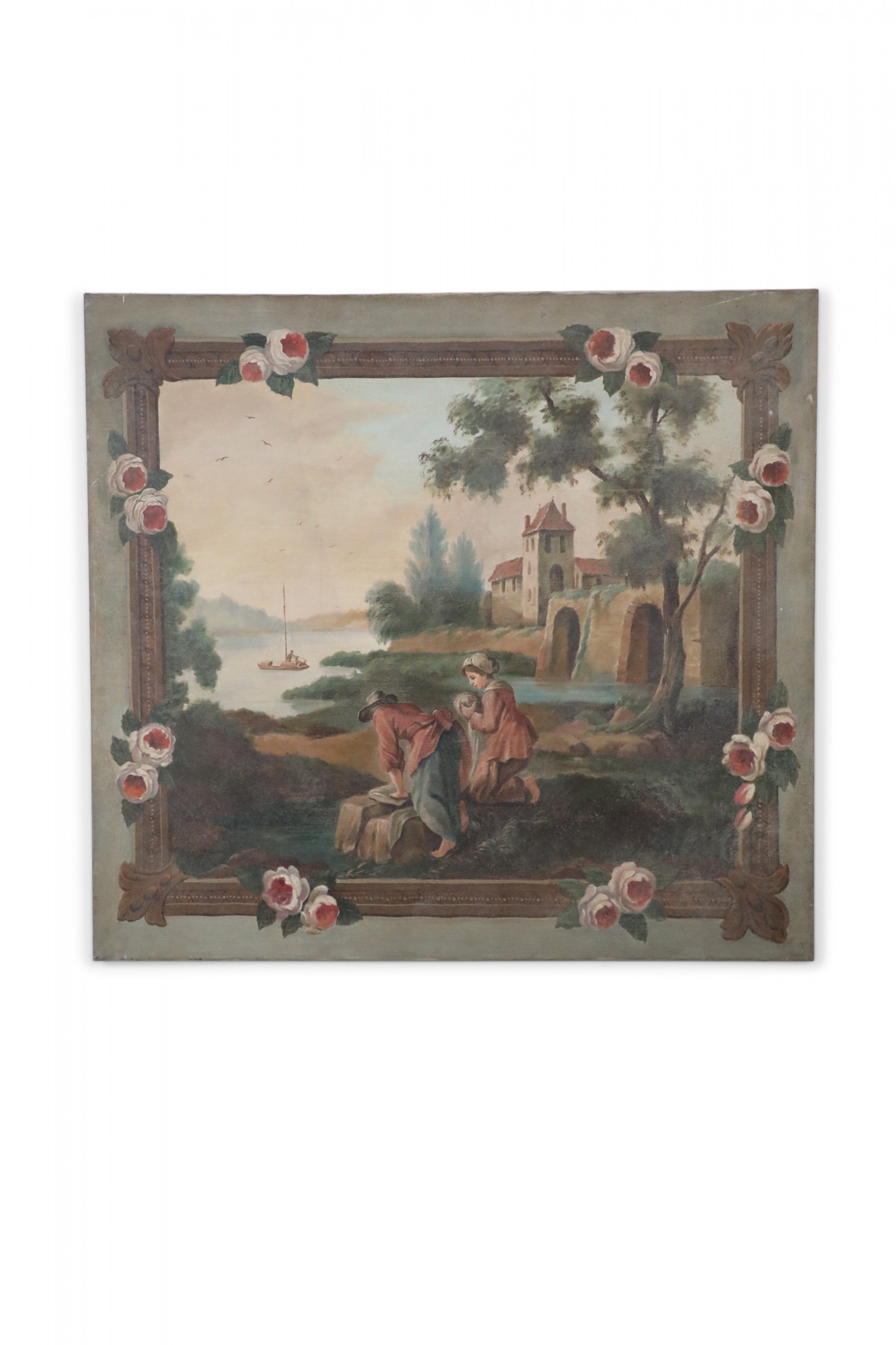 Townspeople Working Waterside Vignette Painting