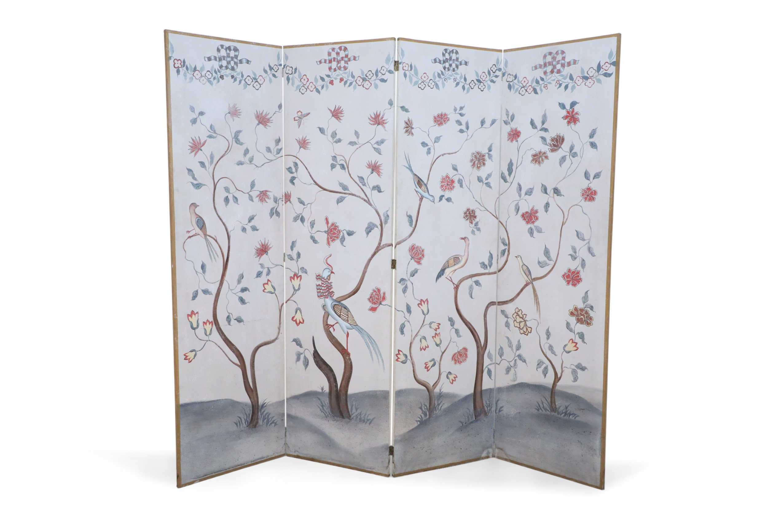 Chinese Beige and Flowering Tree Four Panel Screen