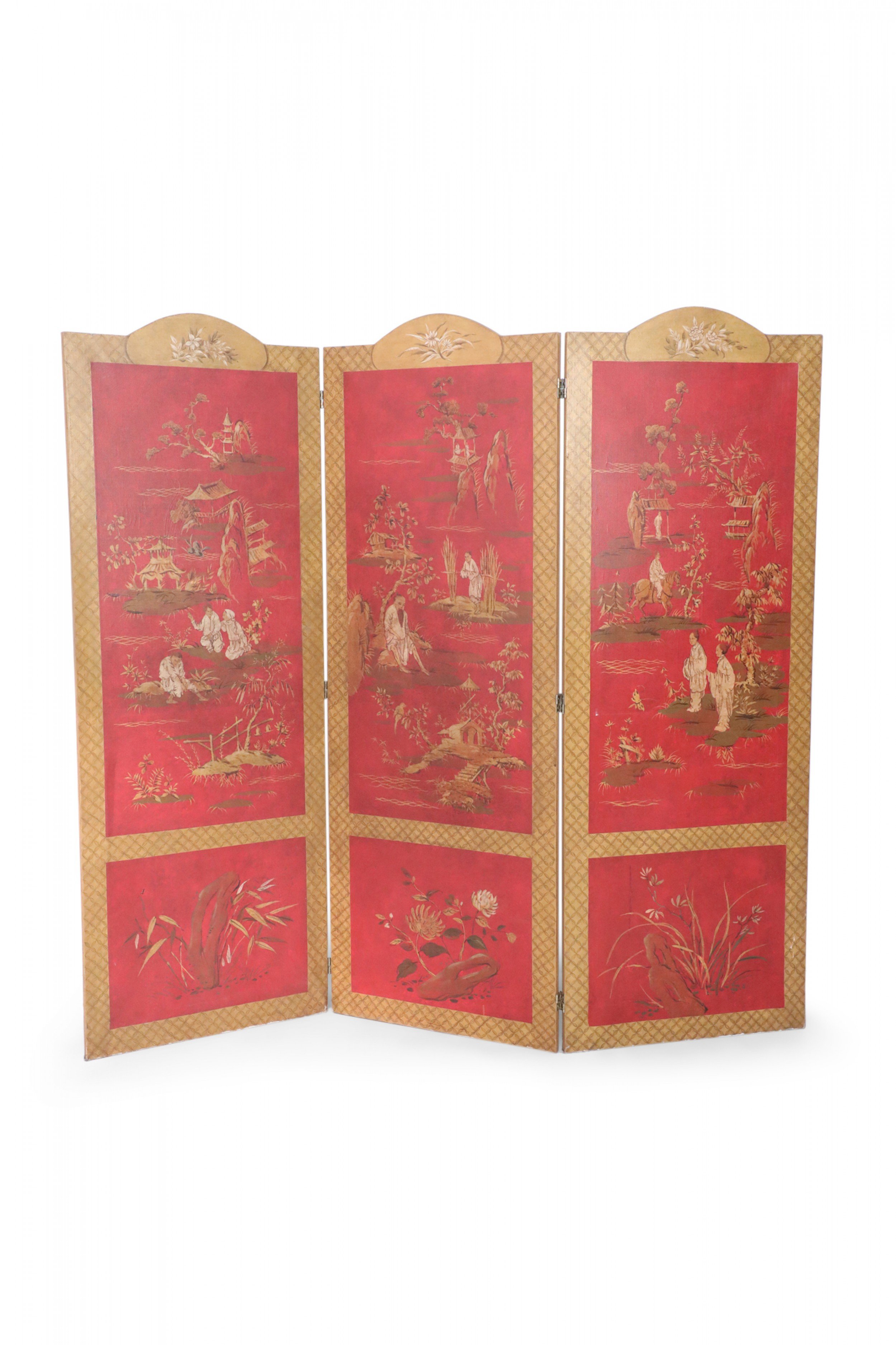 Red and Gold Chinoiserie Three Panel Screen