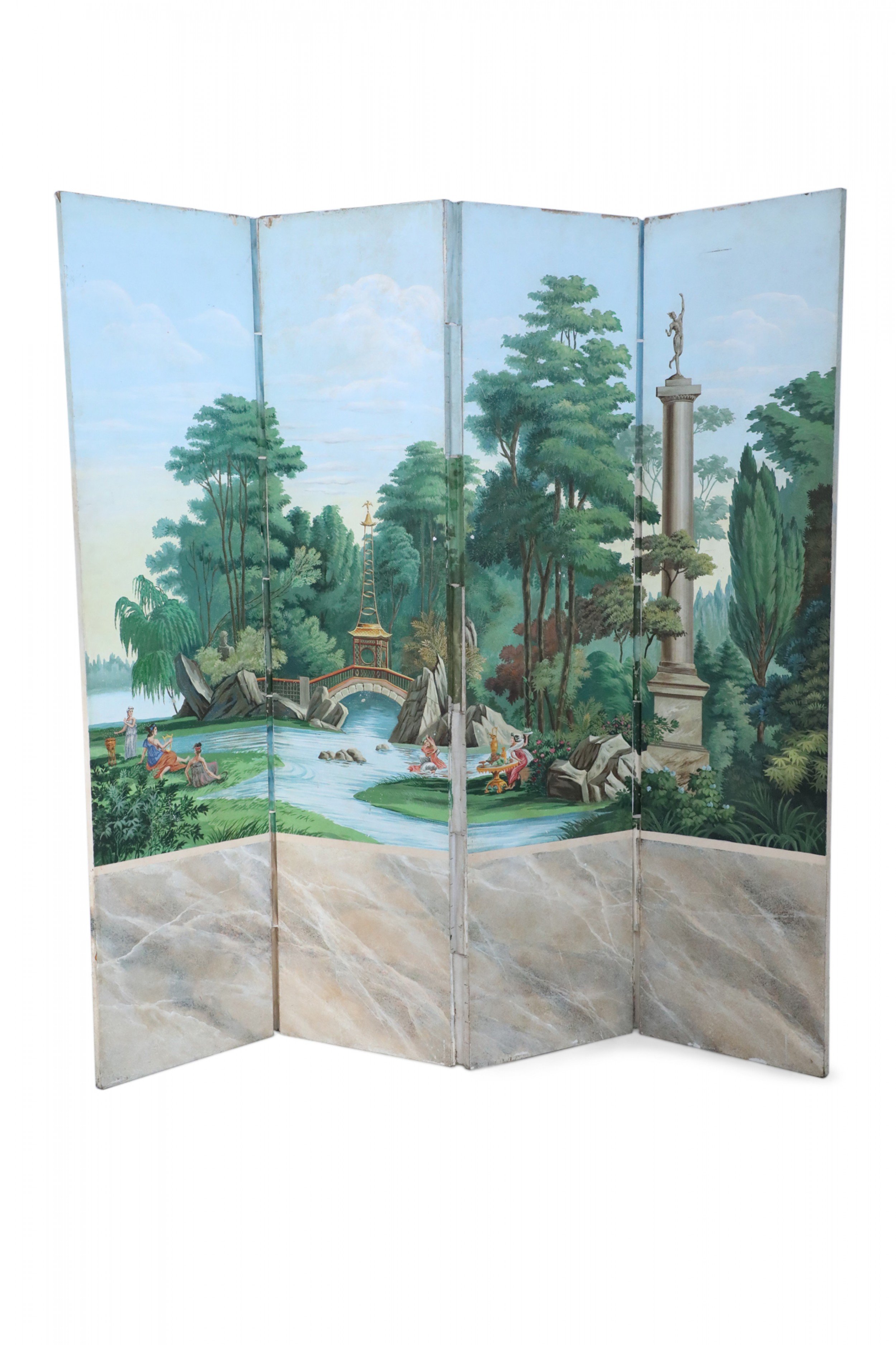 Vintage Neo Classic Style Painted Pastoral Scene Four Panel Folding Screen