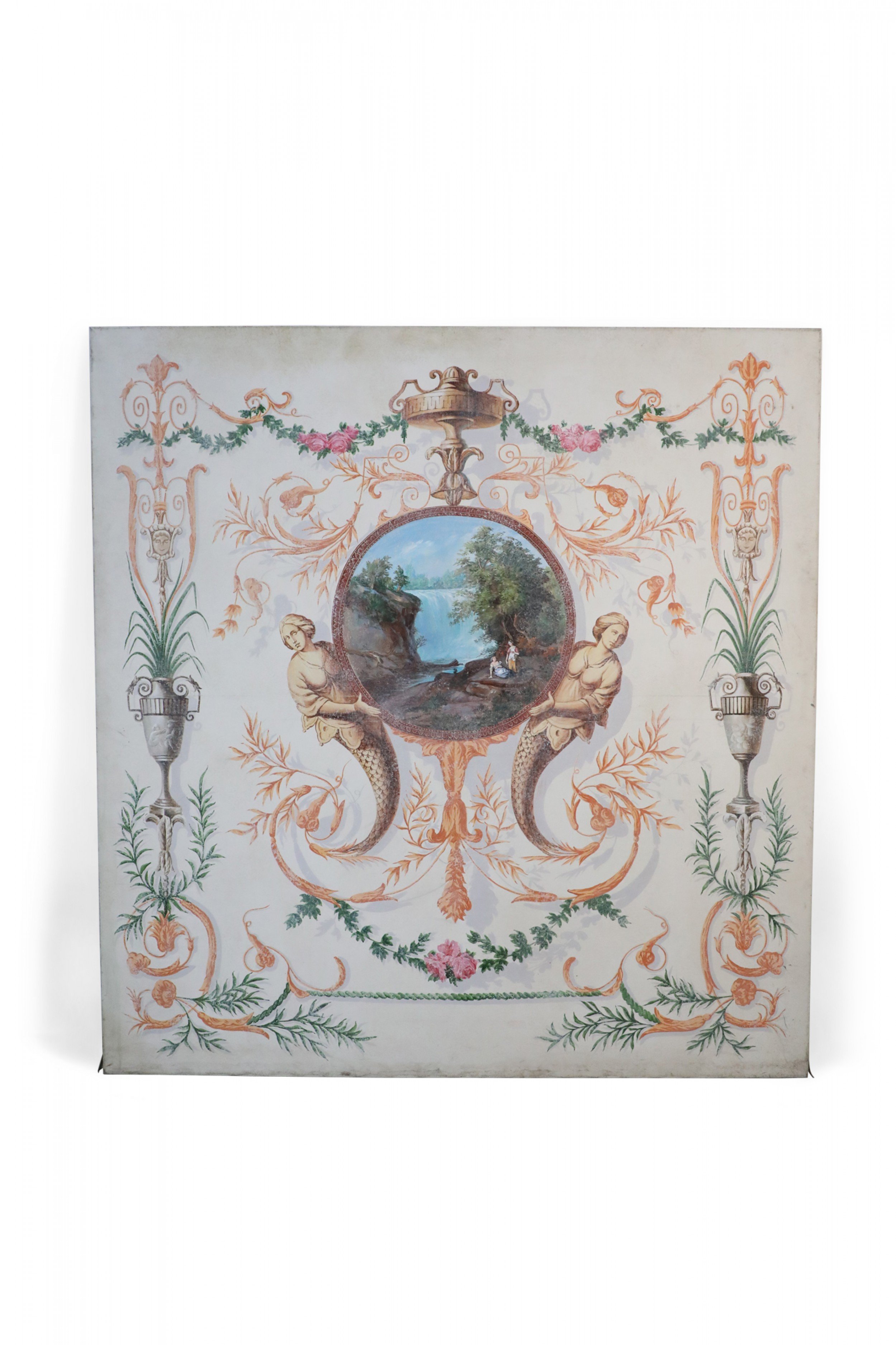 Neoclassical Landscape Painting with Floral and Mermaid Ornamentation 