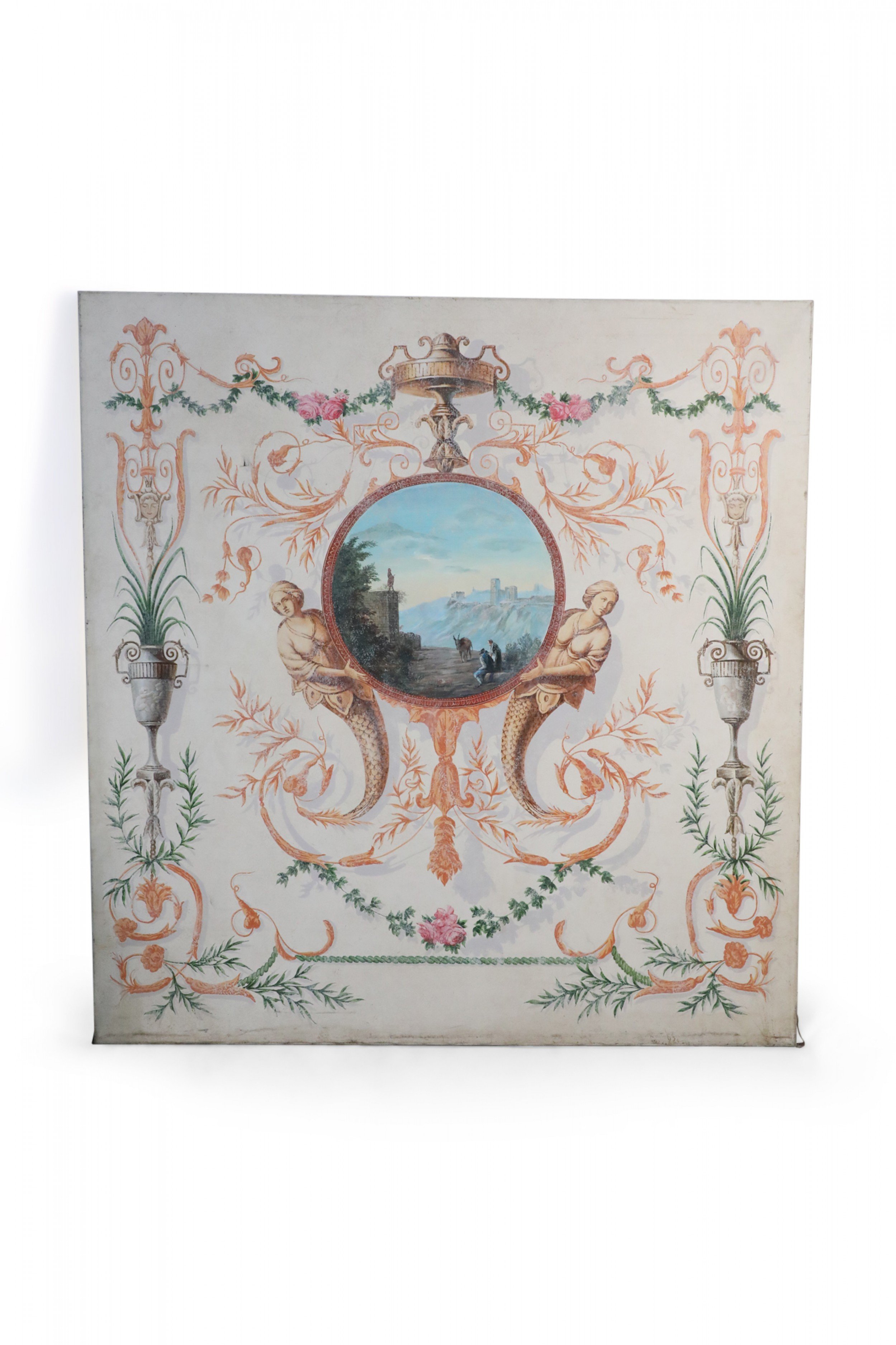 Neoclassical Landscape Painting with Mermaid and Floral Ornamentation 