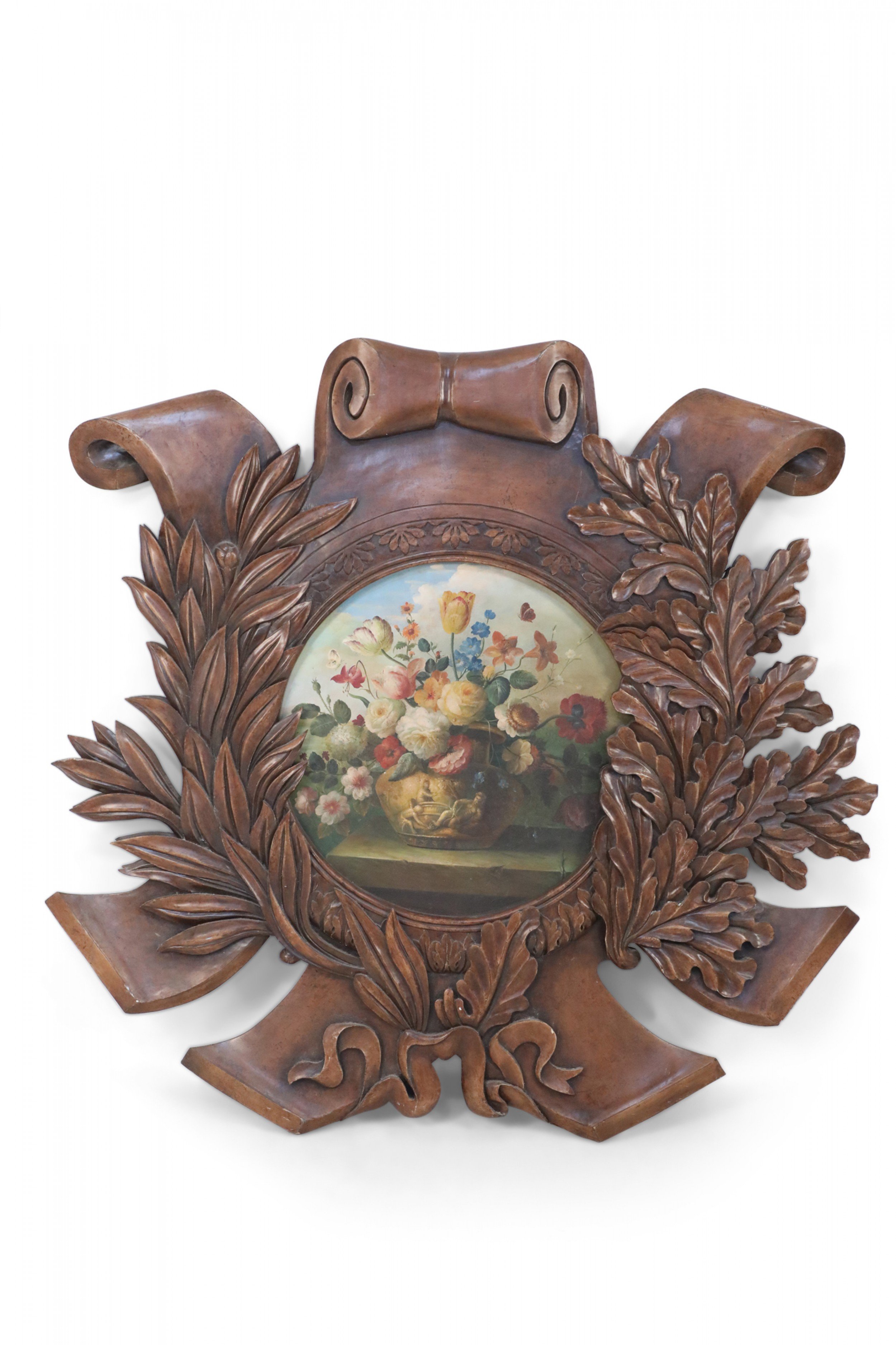 Wooden Wall Plaque with Painted Floral Still Life Inset
