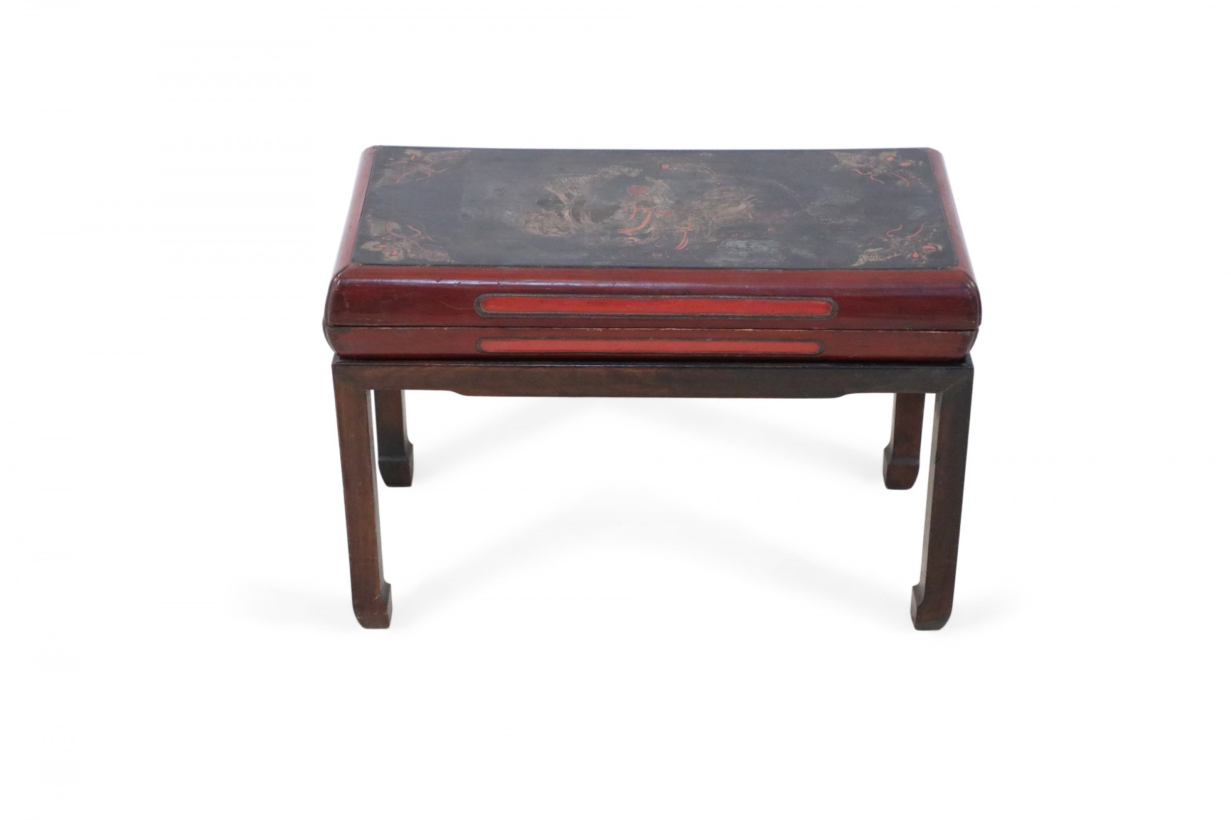 Antique Chinese Red and Brown Wooden Storage Bench 