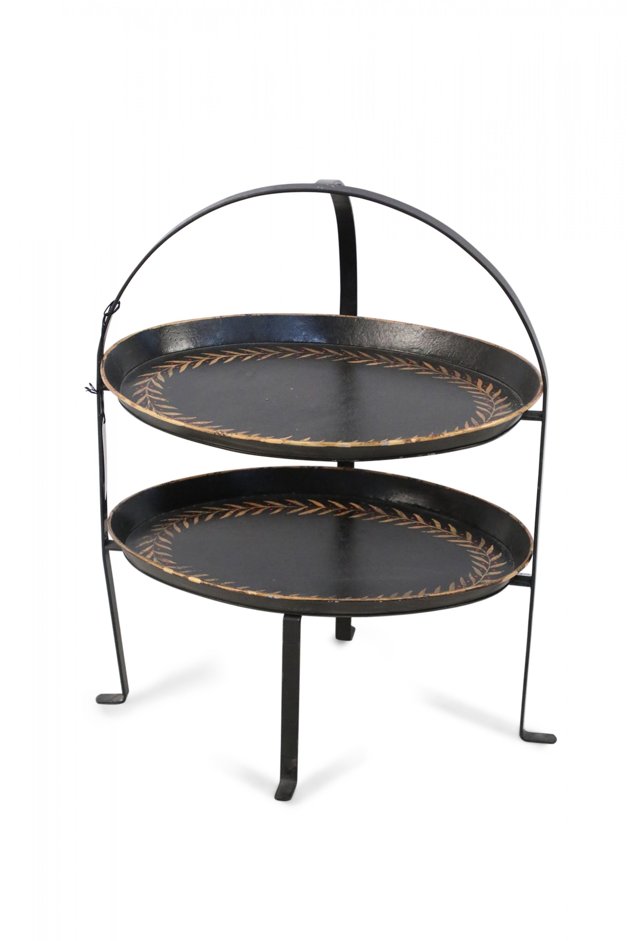 Vintage Chinese Black Two Tiered Tole Oval Server