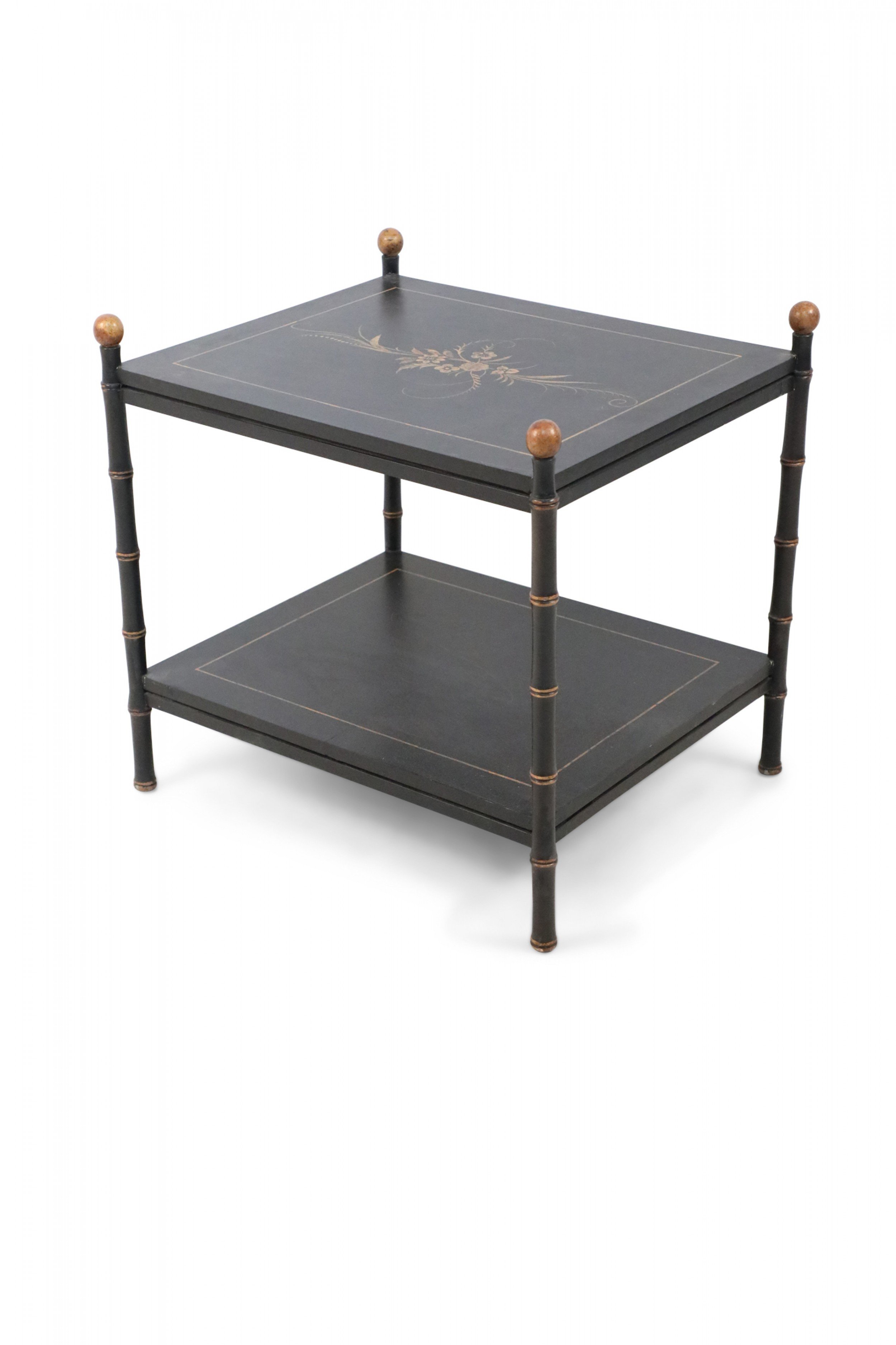 Chinese Black Faux Bamboo Two Tiered End Table