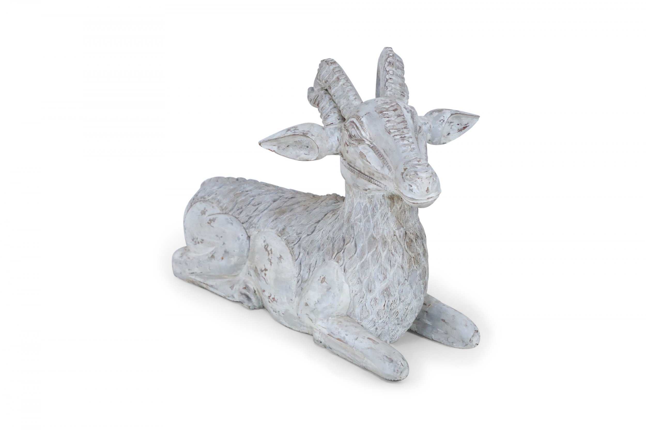 Chinese Carved Whitewashed Wooden Ram Statue