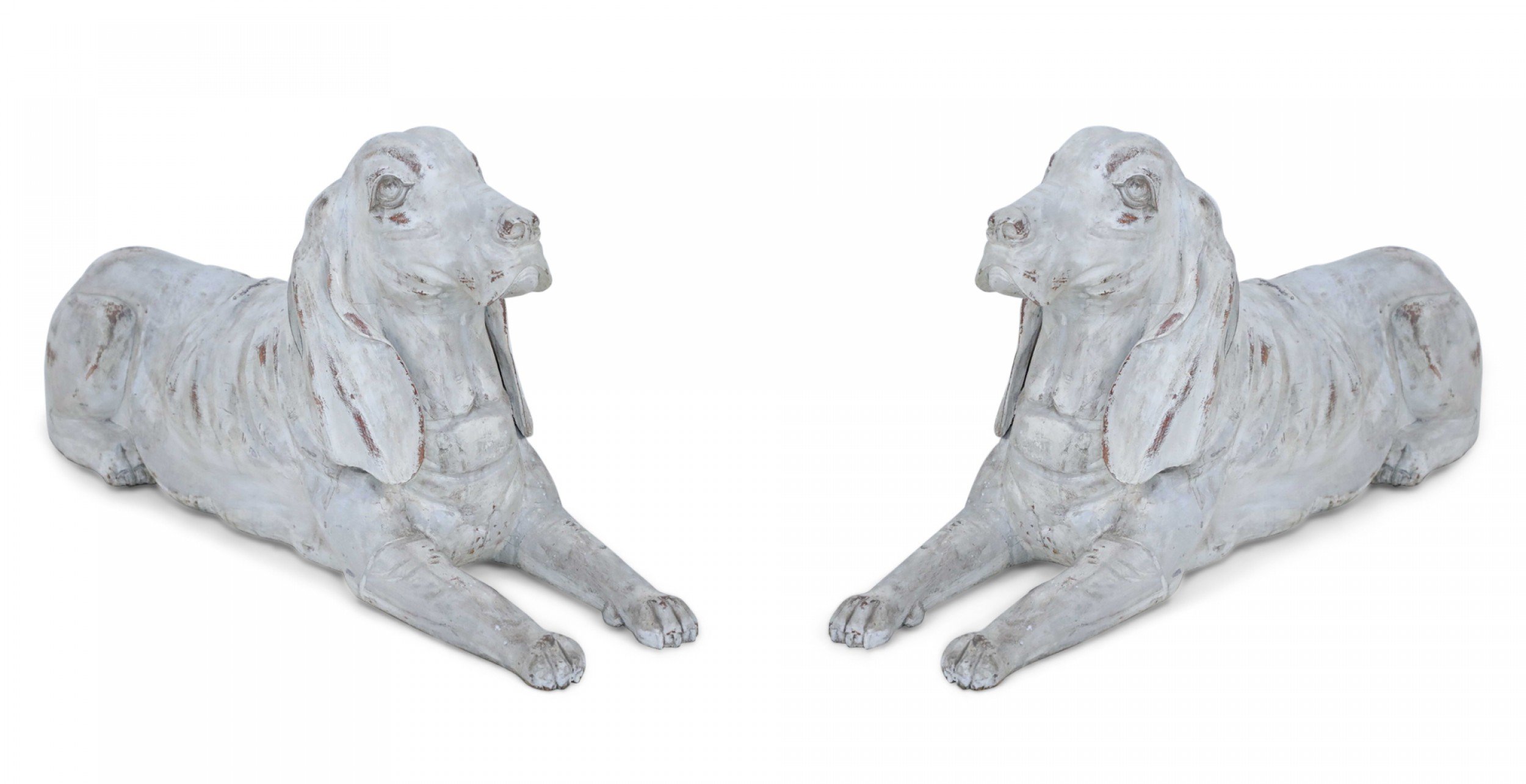 Pair of Chinese Carved Whitewashed Wooden Dog Statues