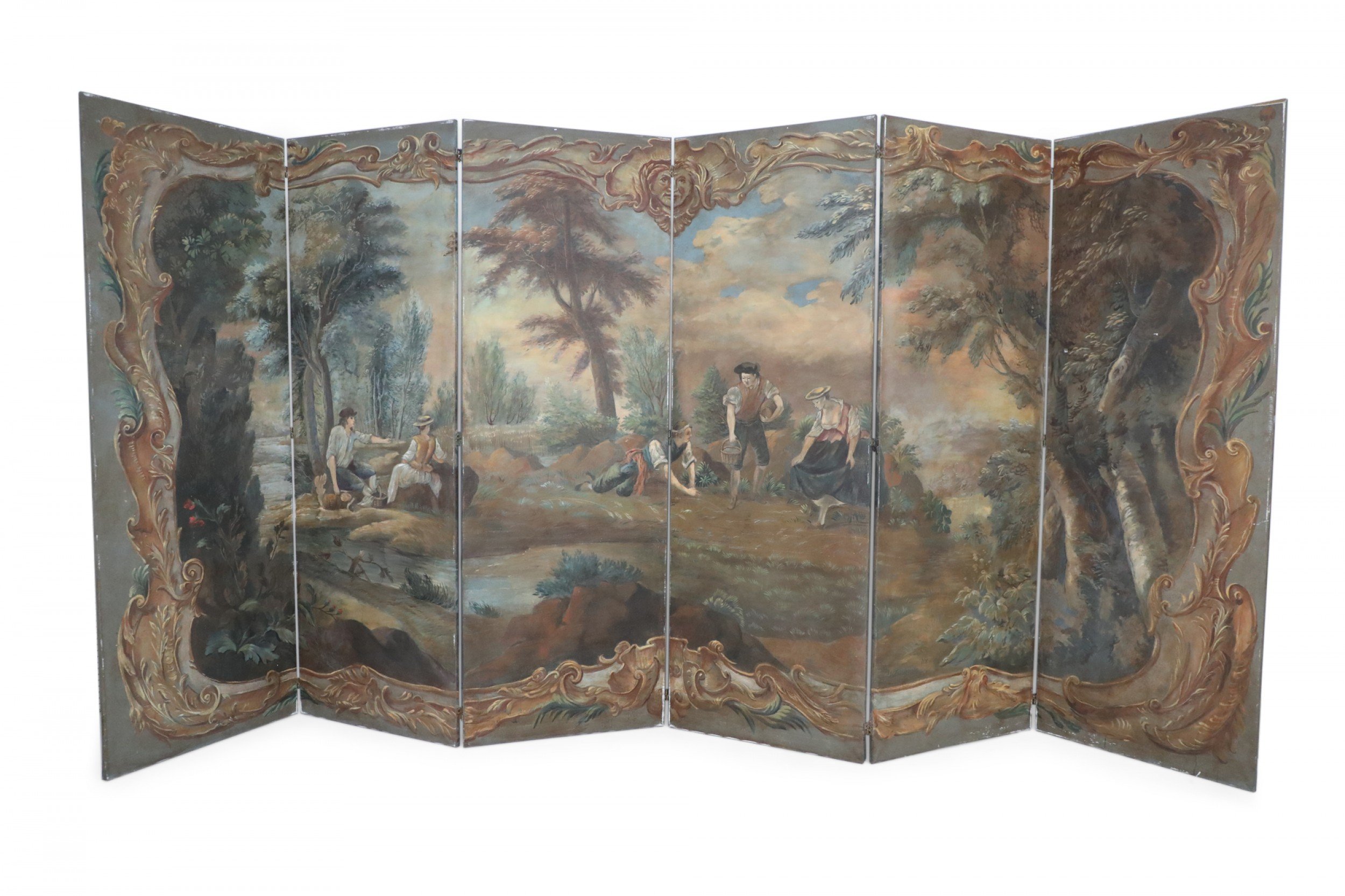 Italian Neo classical Style Landscape Painting 6 Paneled Folding Screen