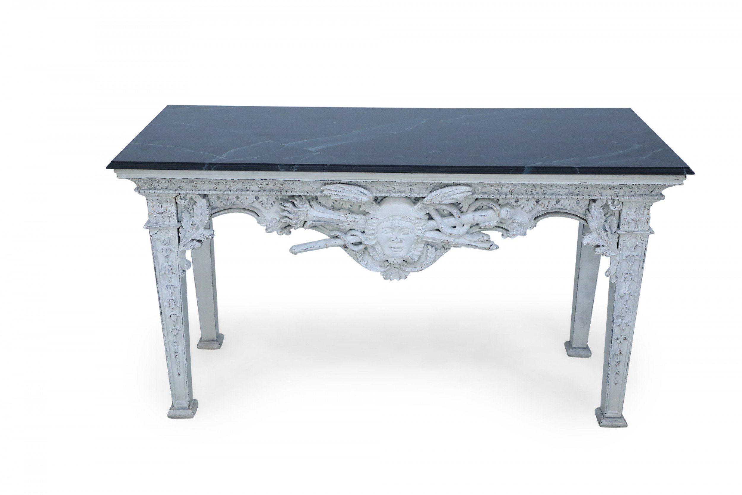 Neo classic Sytle White Distressed Wood and Green Faux Marble Topped Console Table