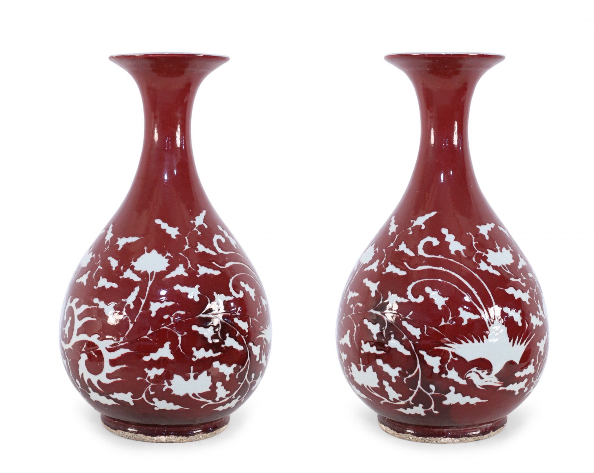 Pair of Chinese Burgundy and White Botanical Motif Vases