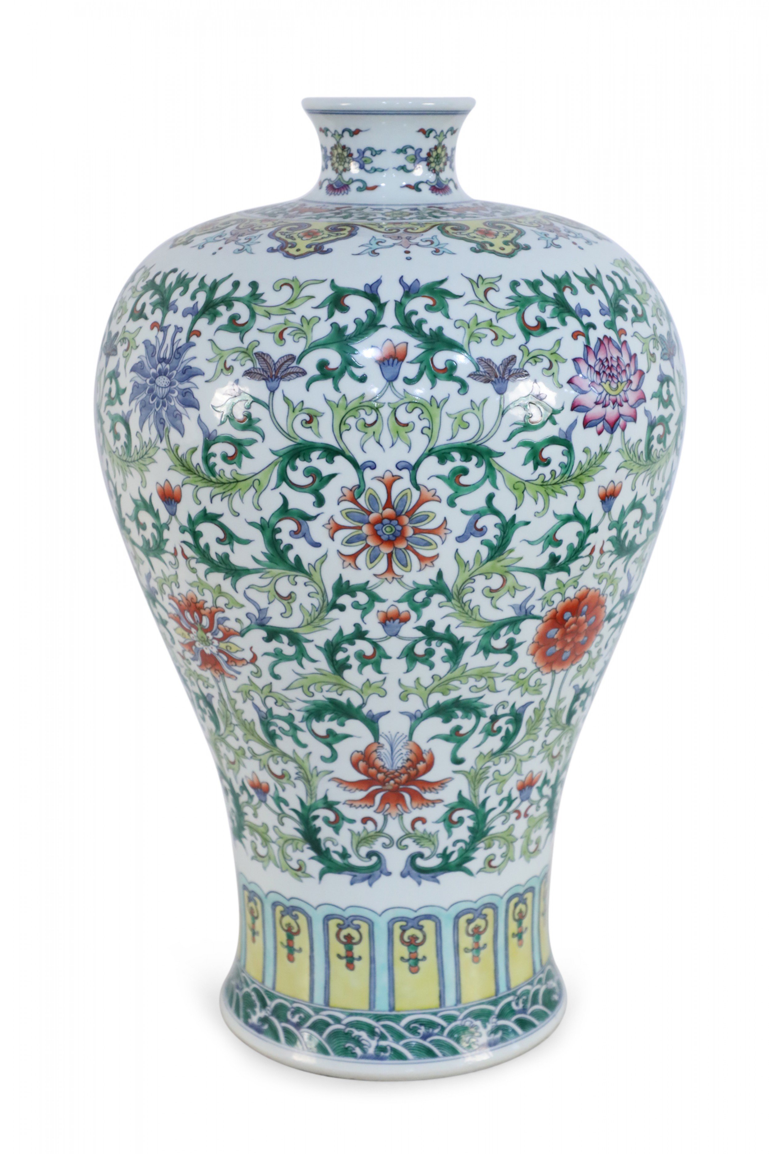 Chinese White and Multicolor Floral and Vine Motif Meiping Porcelain Urn