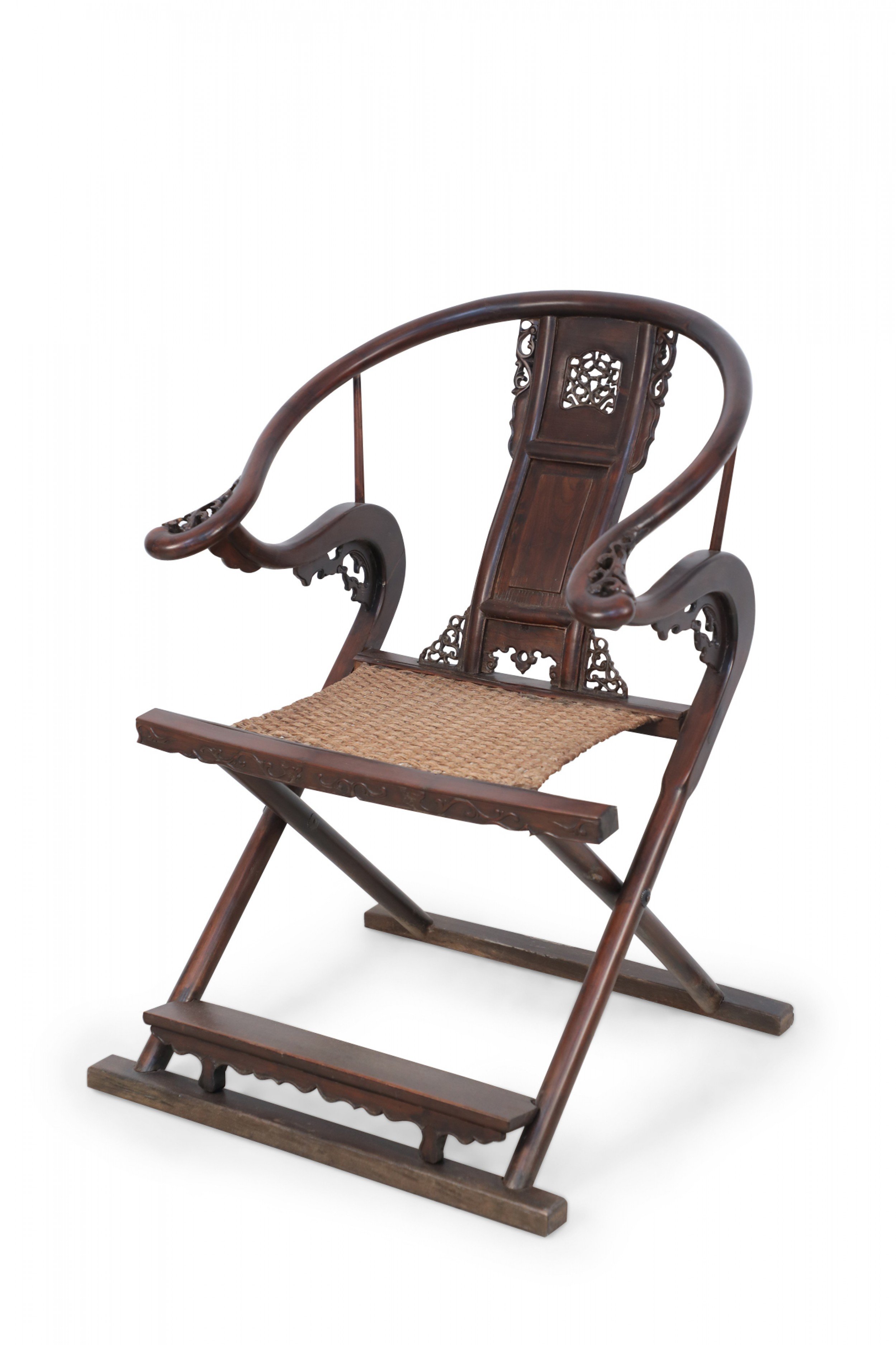 Chinese carved horseshoe back folding chair