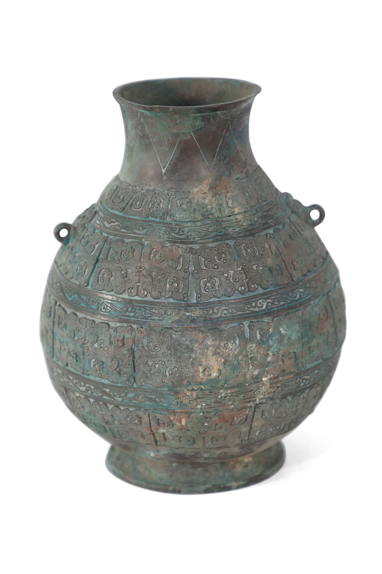 Chinese Han Dynasty Style Patinated Bronze Carved Urn