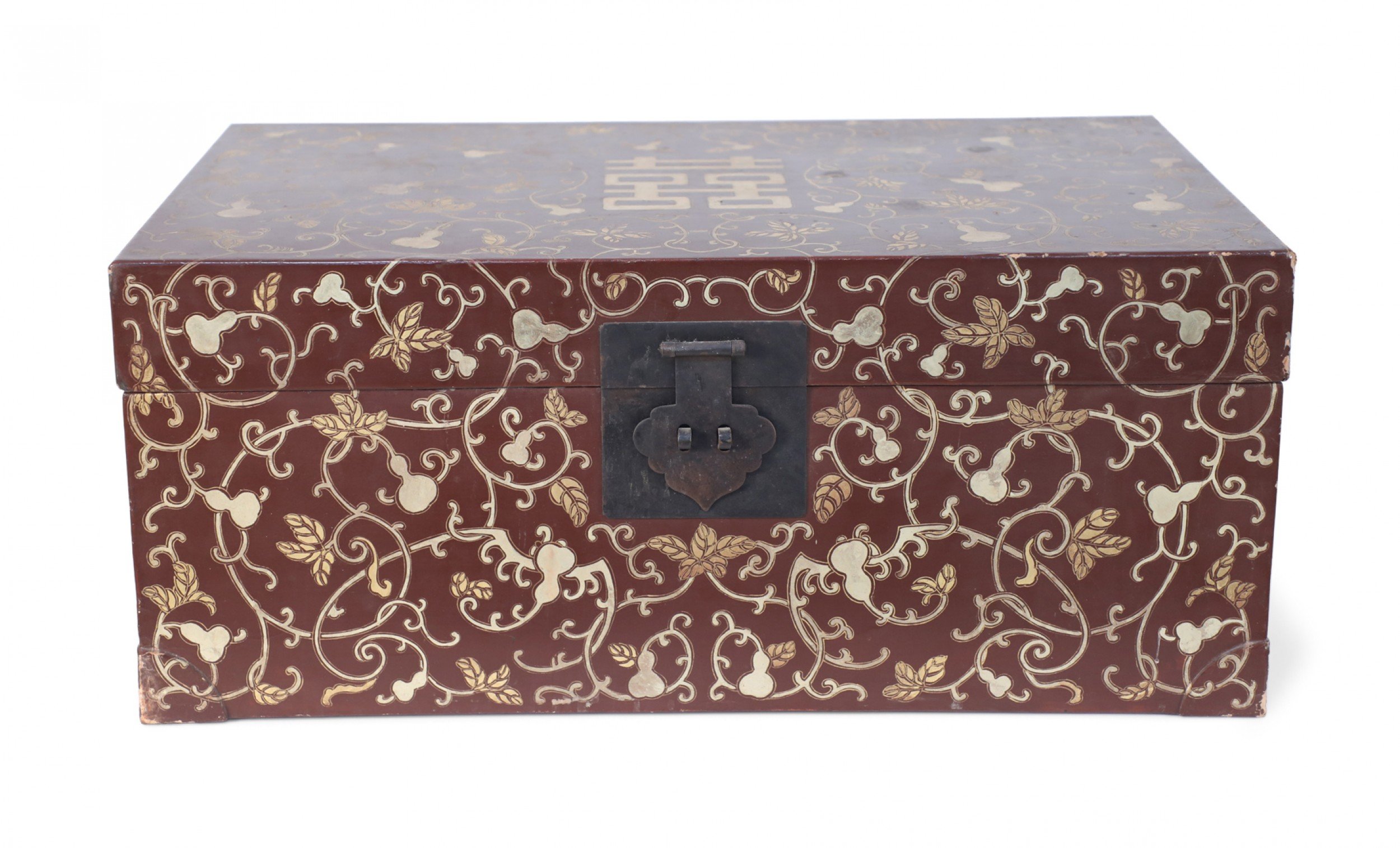 Chinese Burgundy and Gold Vine Design Painted Decorative Box
