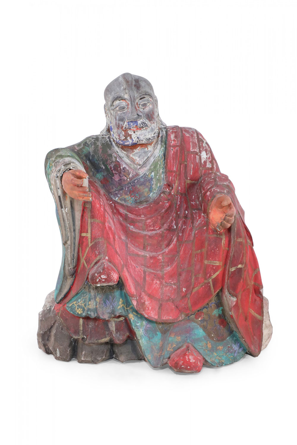 Antique Chinese Painted Clay Buddha Statue with Red Robes