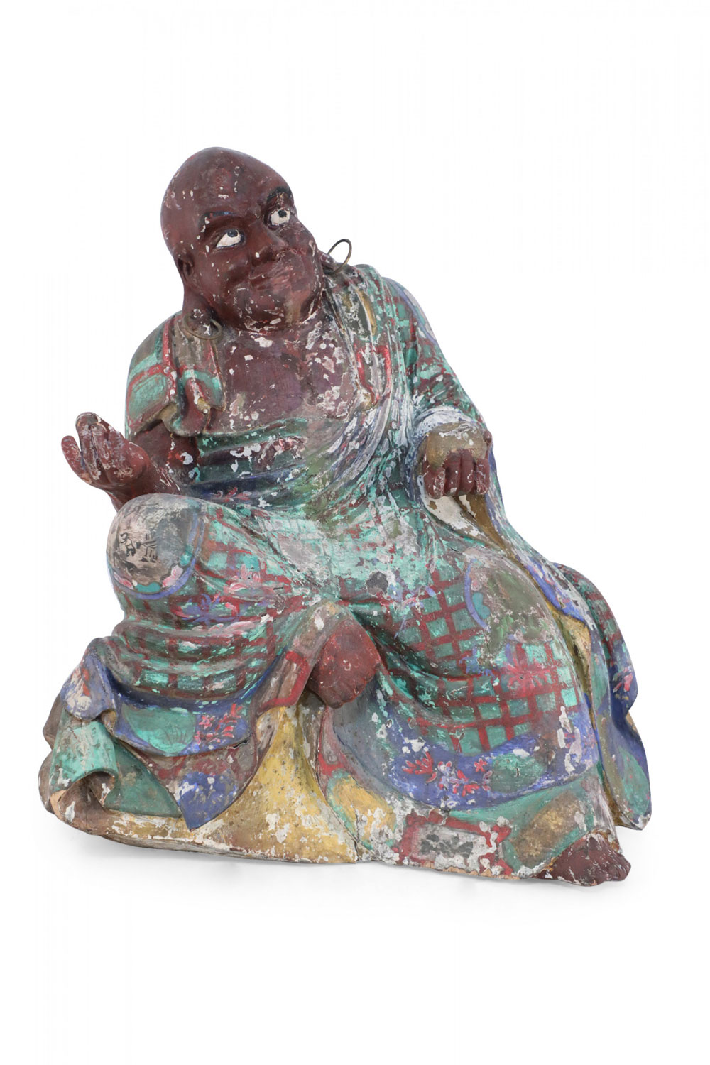 Antique Chinese Painted Clay Buddha Statue with Green and Brown Robes