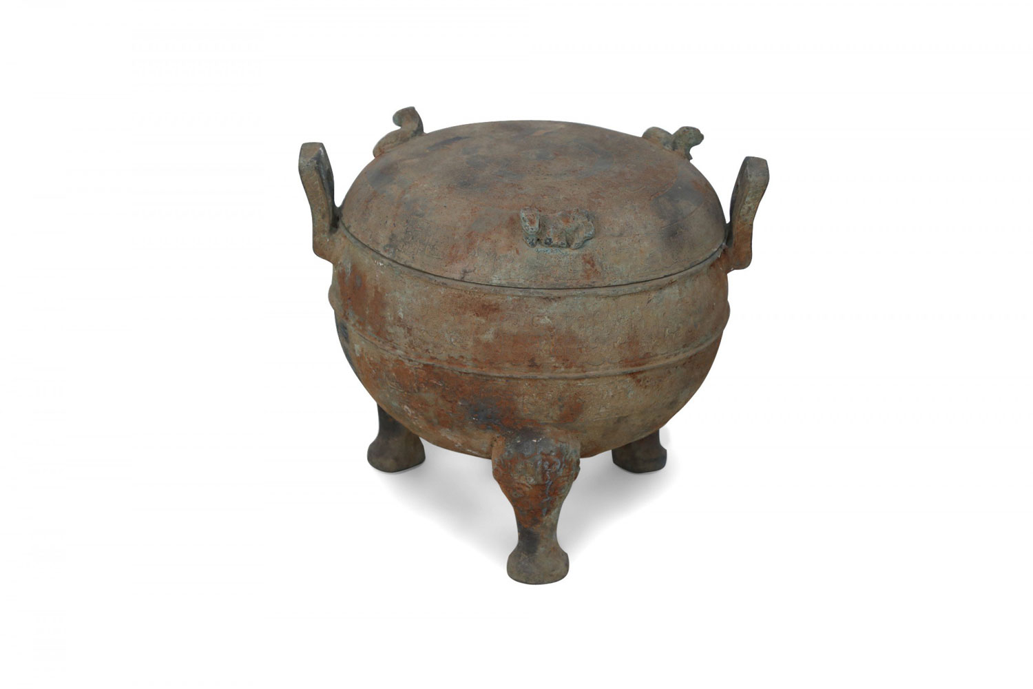 Chinese Han Dynasty Style Patinated Bronze Footed and Lidded Pot