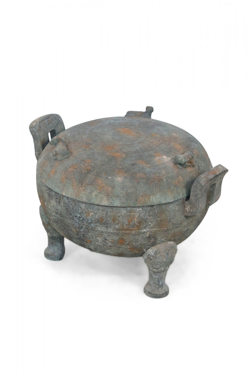 Chinese Han Dynasty Style Patinated Bronze Lidded and Footed Pot