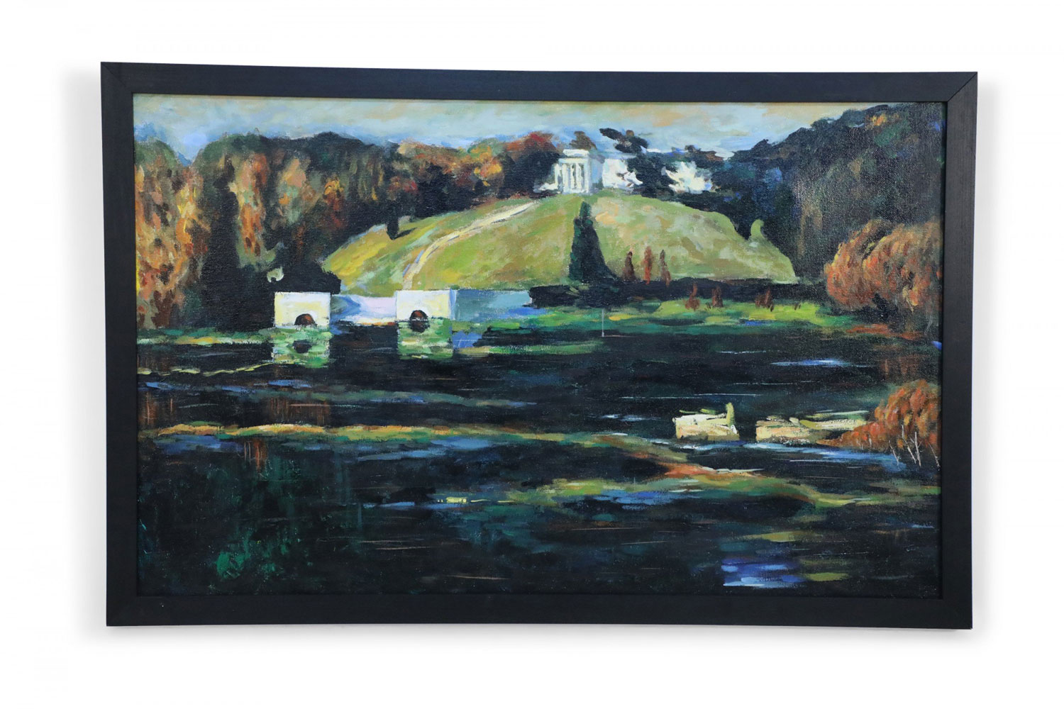 Framed Acrylic Landscape Painting of Lakeside Buildings in Autumn