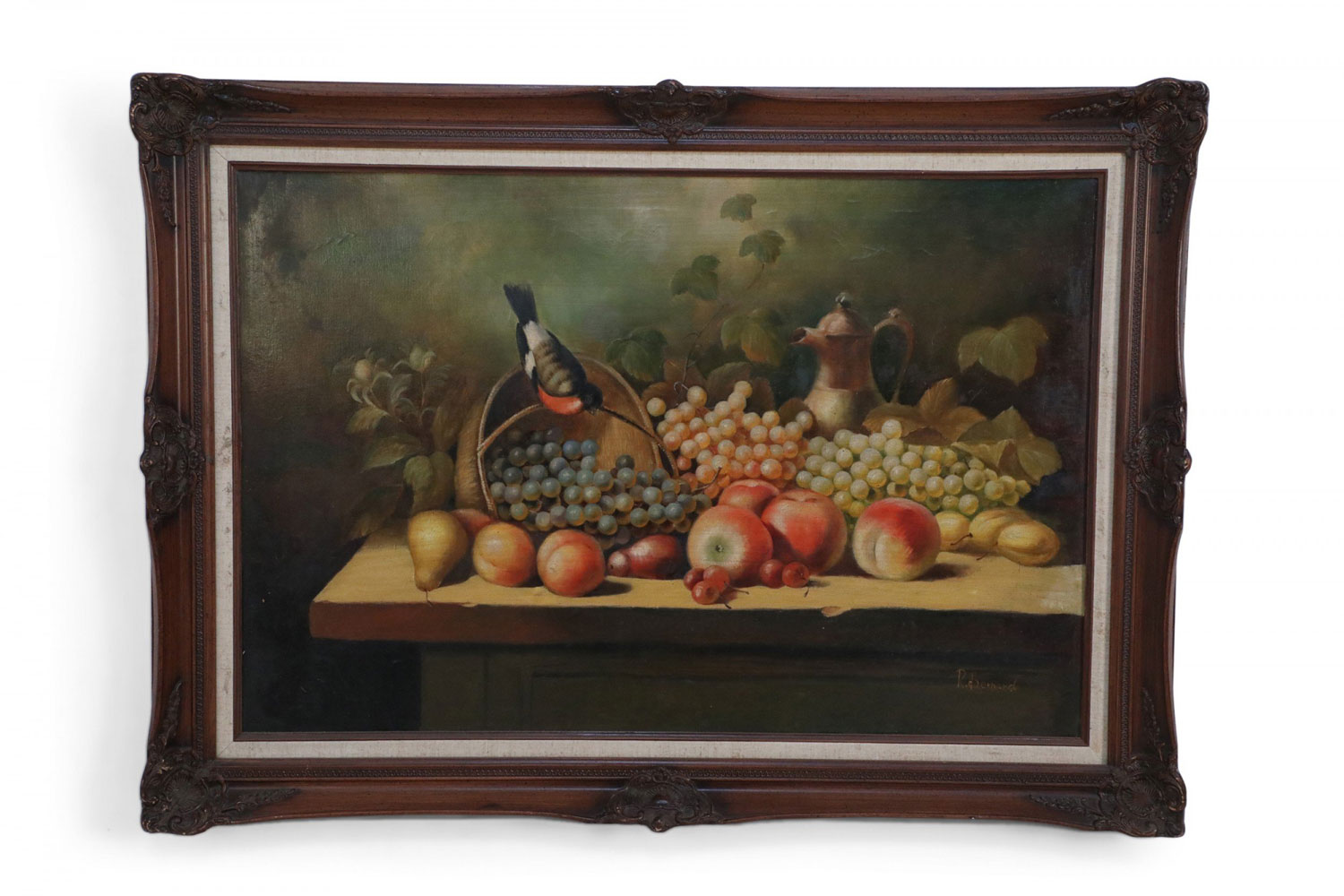 Framed Still Life Oil Painting of a Bounty of Grapes and Fruit with a Perching Robin