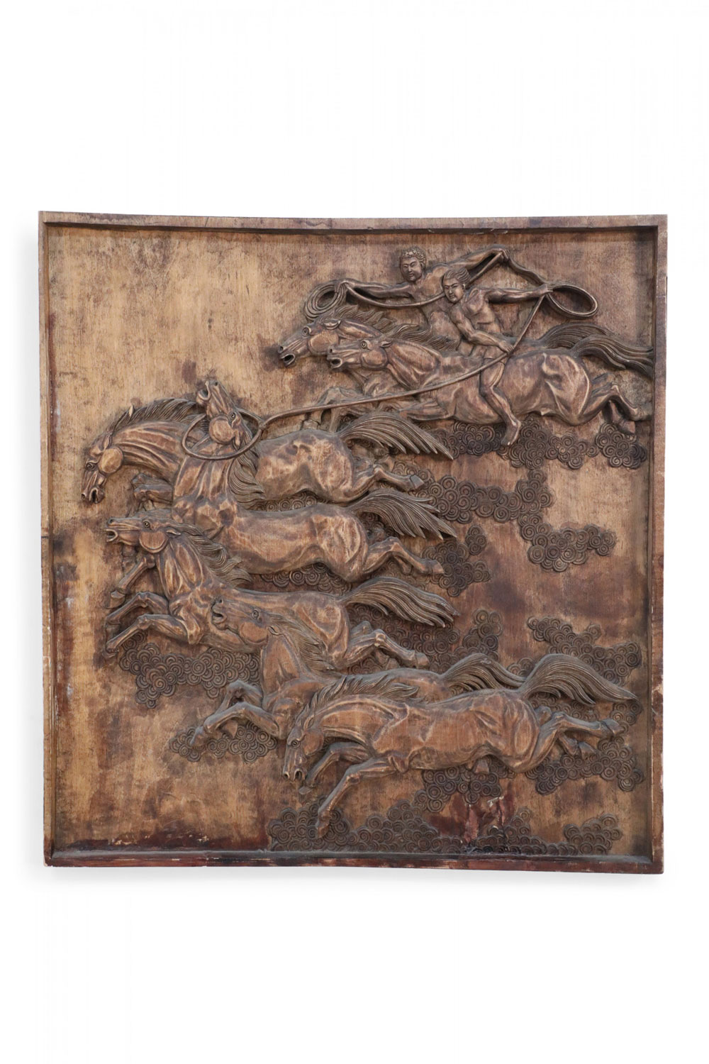 Chinese Carved Wooden Wall Plaque Depicting Riders on Horseback