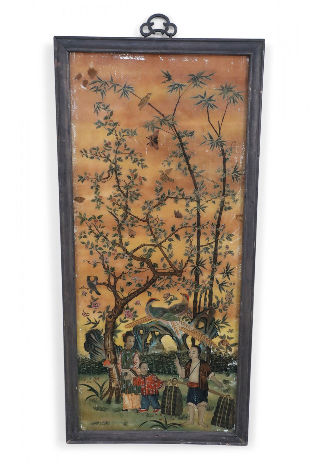 Framed Chinese Glass Back Painted Scene of a Family Gathering Fruit Beneath a Tree