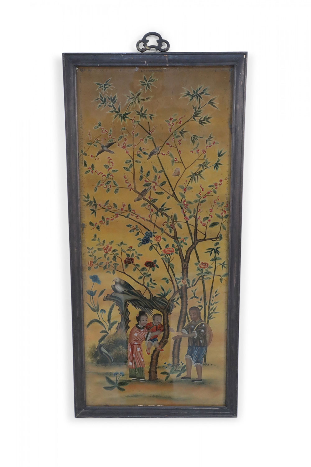 Framed Chinese Glass Back Painted Scene of a Family Beneath Two Flowering Trees