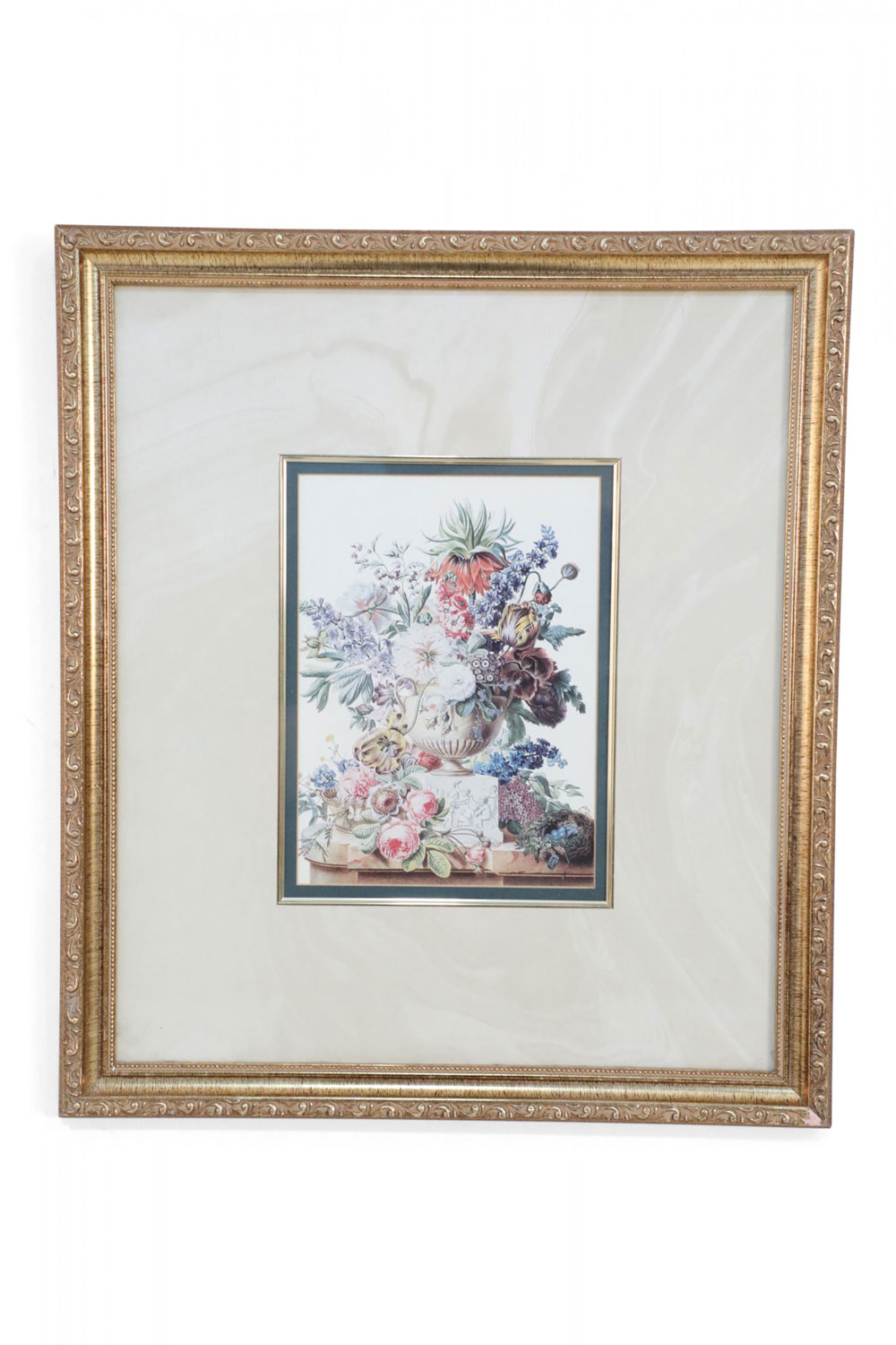Framed Still Life Illustration of a White Marble Urn of Flowers and Birds Nest