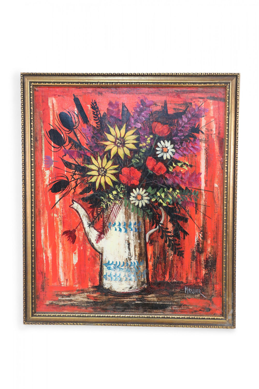 Framed Bold Still Life Oil Painting of a Teapot Filled with Wildflowers