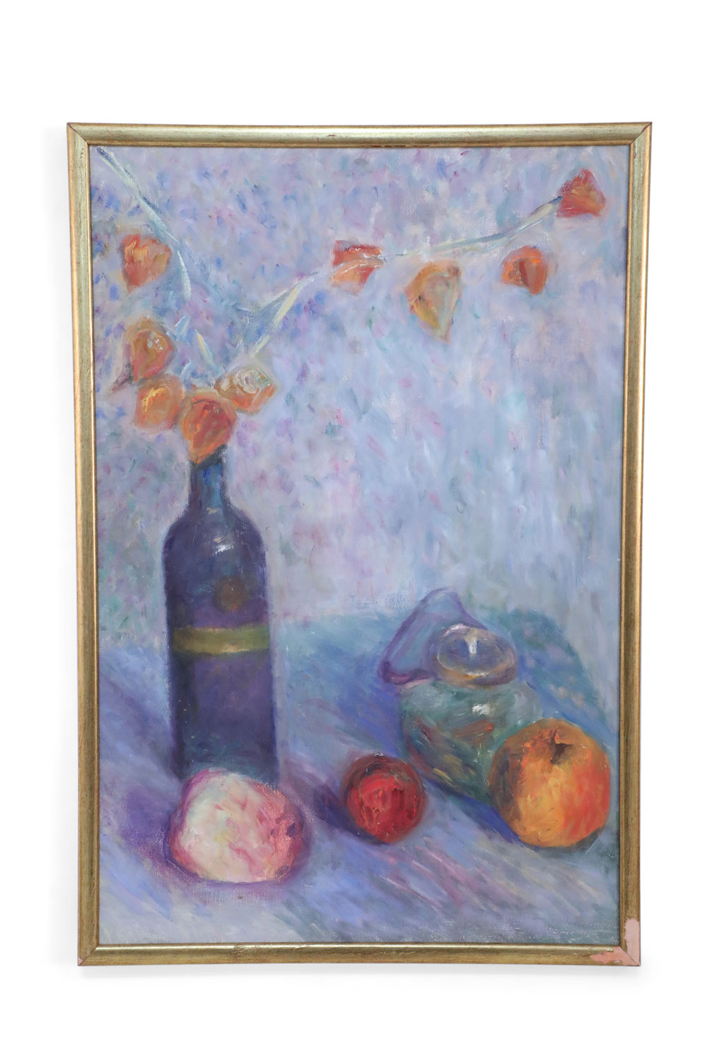 Framed Oil Still Life Painting of a Wine Bottle With Flowers and Fruit