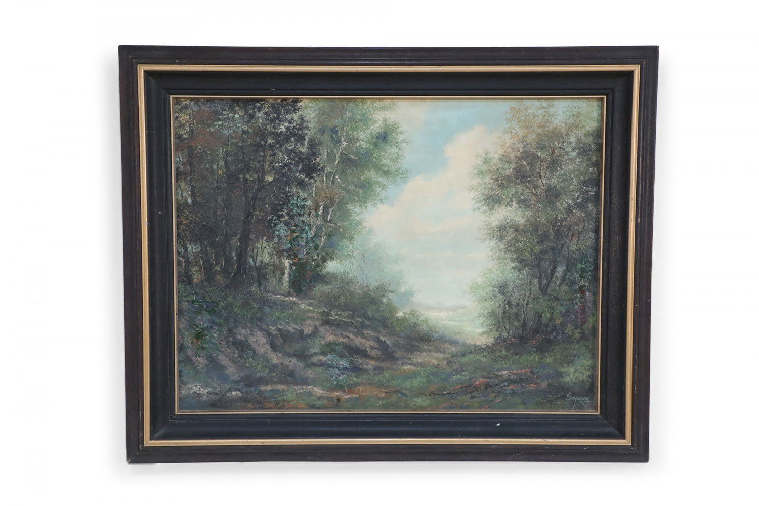 Framed Oil Landscape Painting of a Forest Path and Distant Mountains