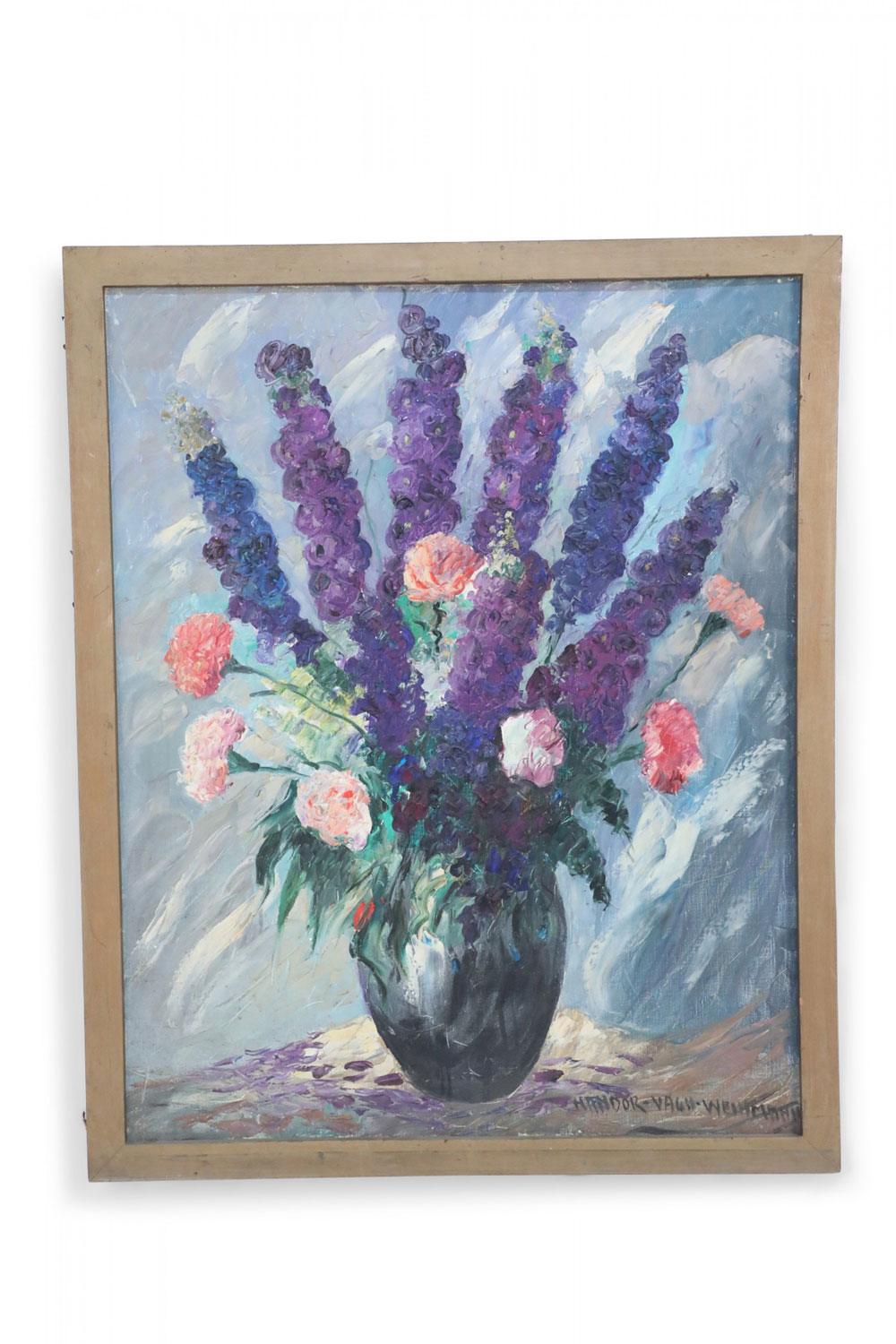 Framed Oil Painting of Lavender and Pink Flowers in a Vase