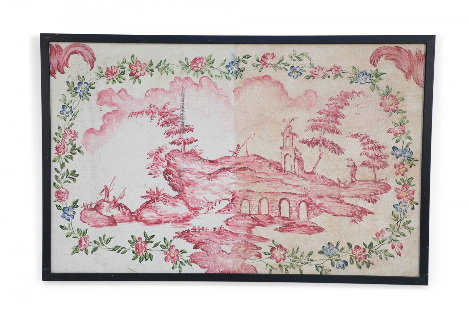 Framed Pink and Green Painted Panel Depicting a Chinese Landscape