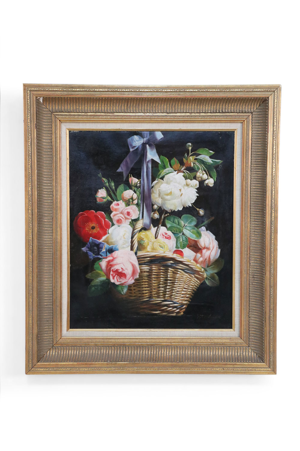 Mid century still life oil painting of a basket of flower and bow in a giltwood frame