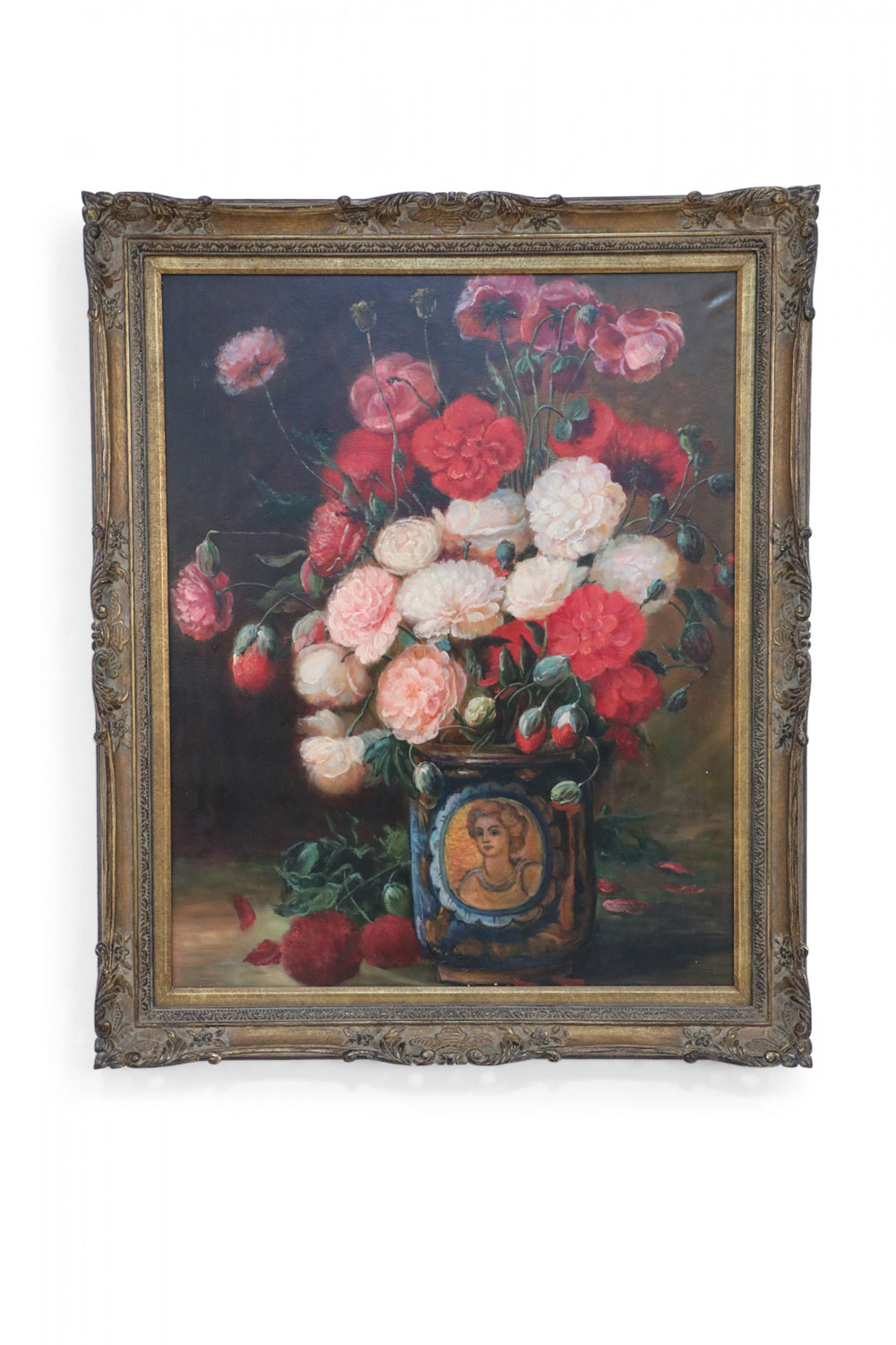 Framed Oil Still Life Painting of a Portrait Vase Filled with Flowers in Pinks and Reds