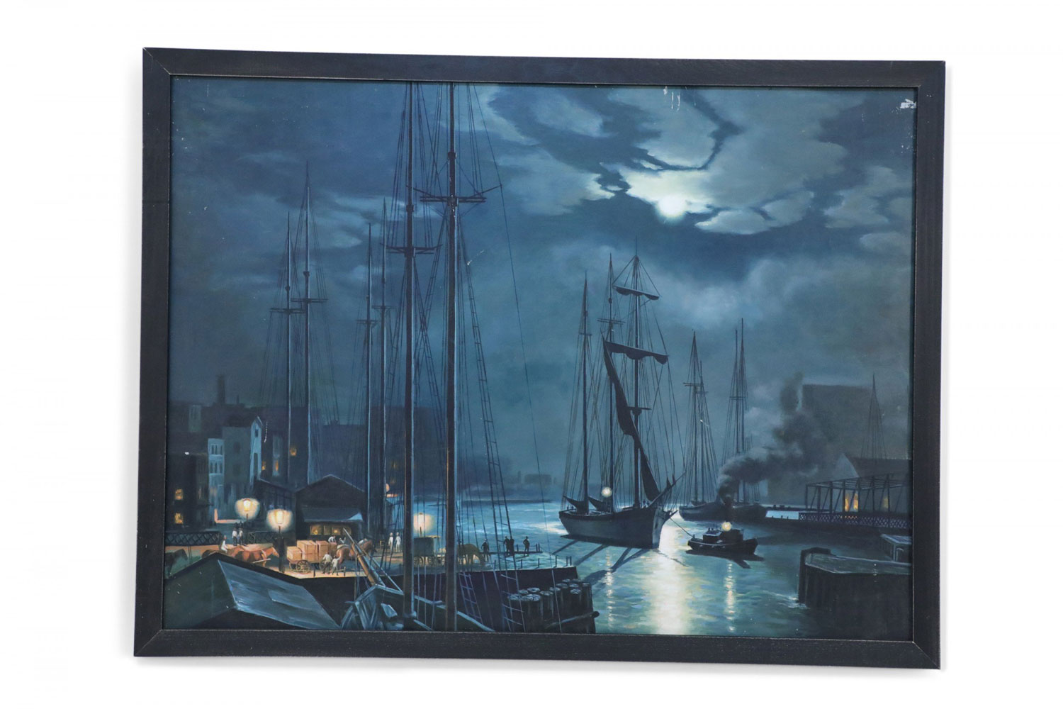 Framed Seascape Oil Painting of Ships Coming in to Dock at Night