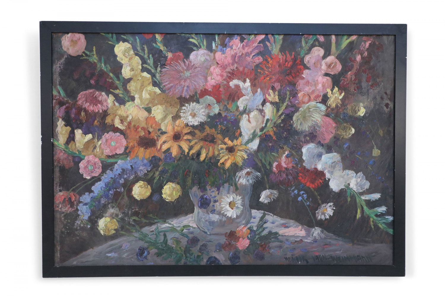 Framed Oil Still Life of an Abundant Wildflower Bouquet