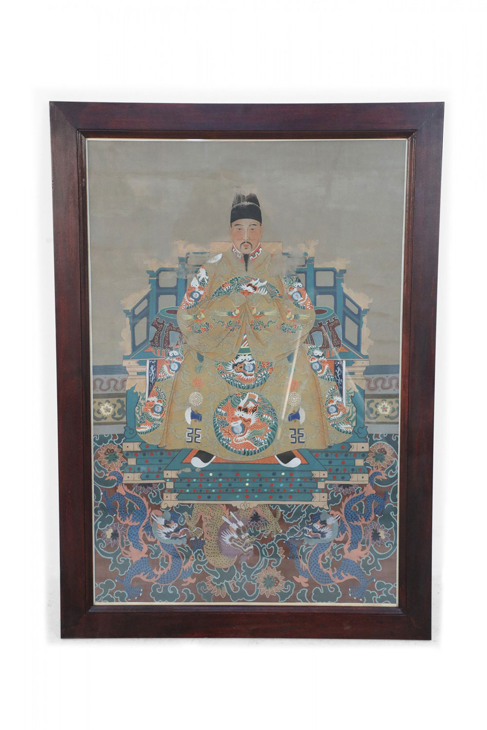 Framed Chinese Ancestor Portrait Depicting a Man in Golden Robes
