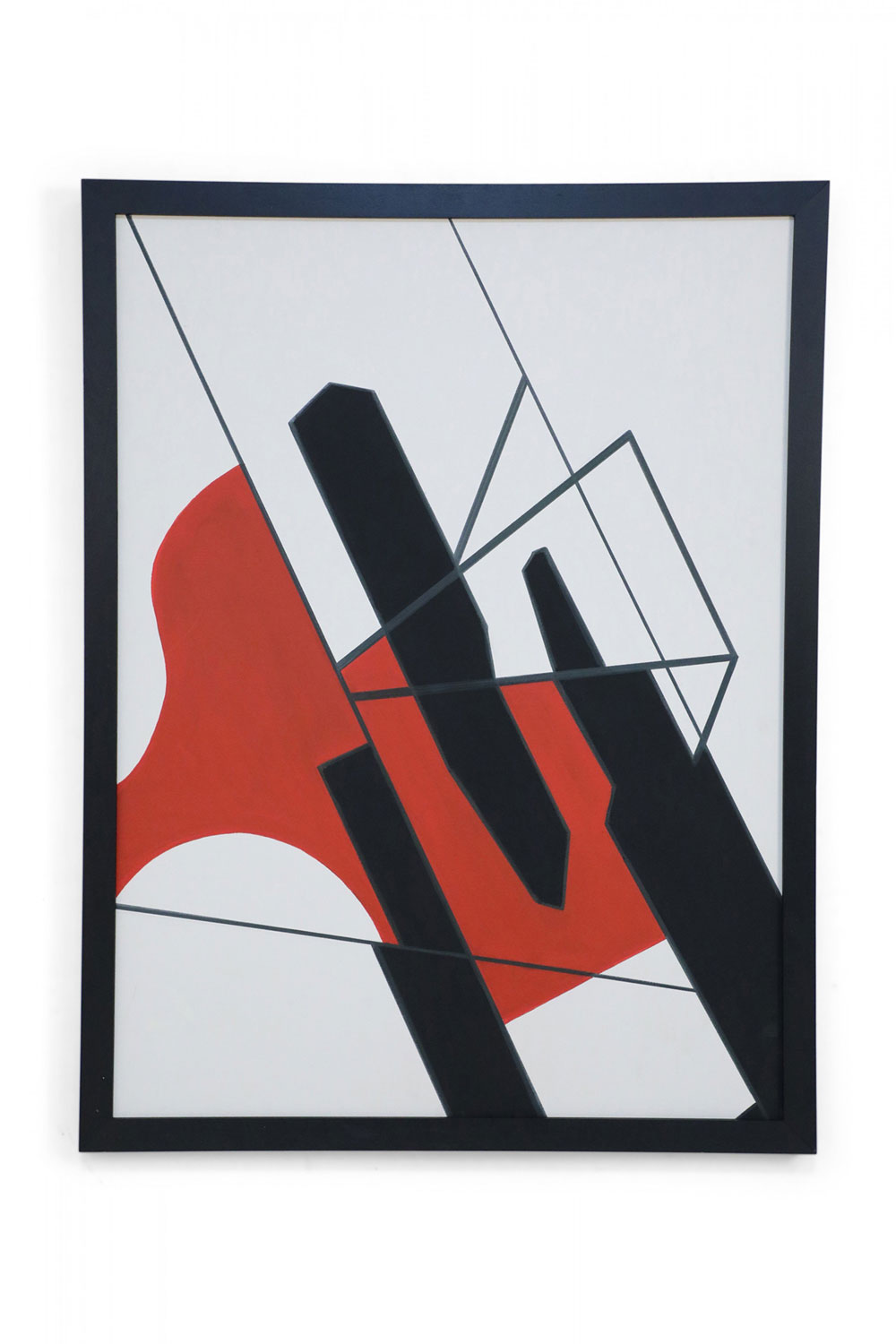 Framed Acrylic Abstract Painting of Geometric Shapes in Black Red and White