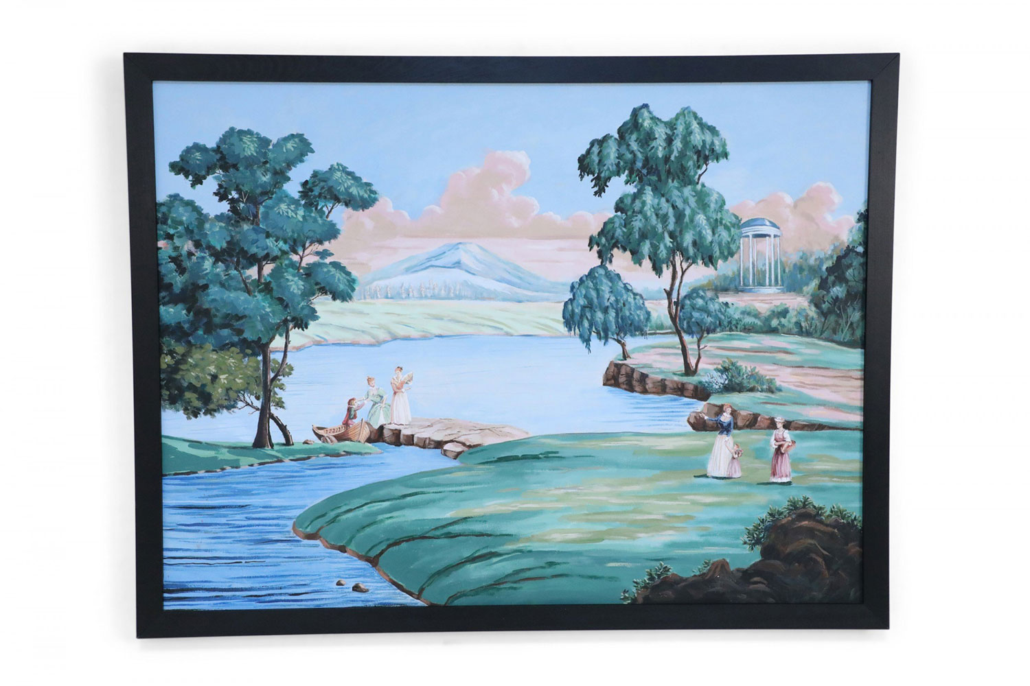 French Provincial Style Framed Oil Painting of a Landscape of People in a Lakeside Park